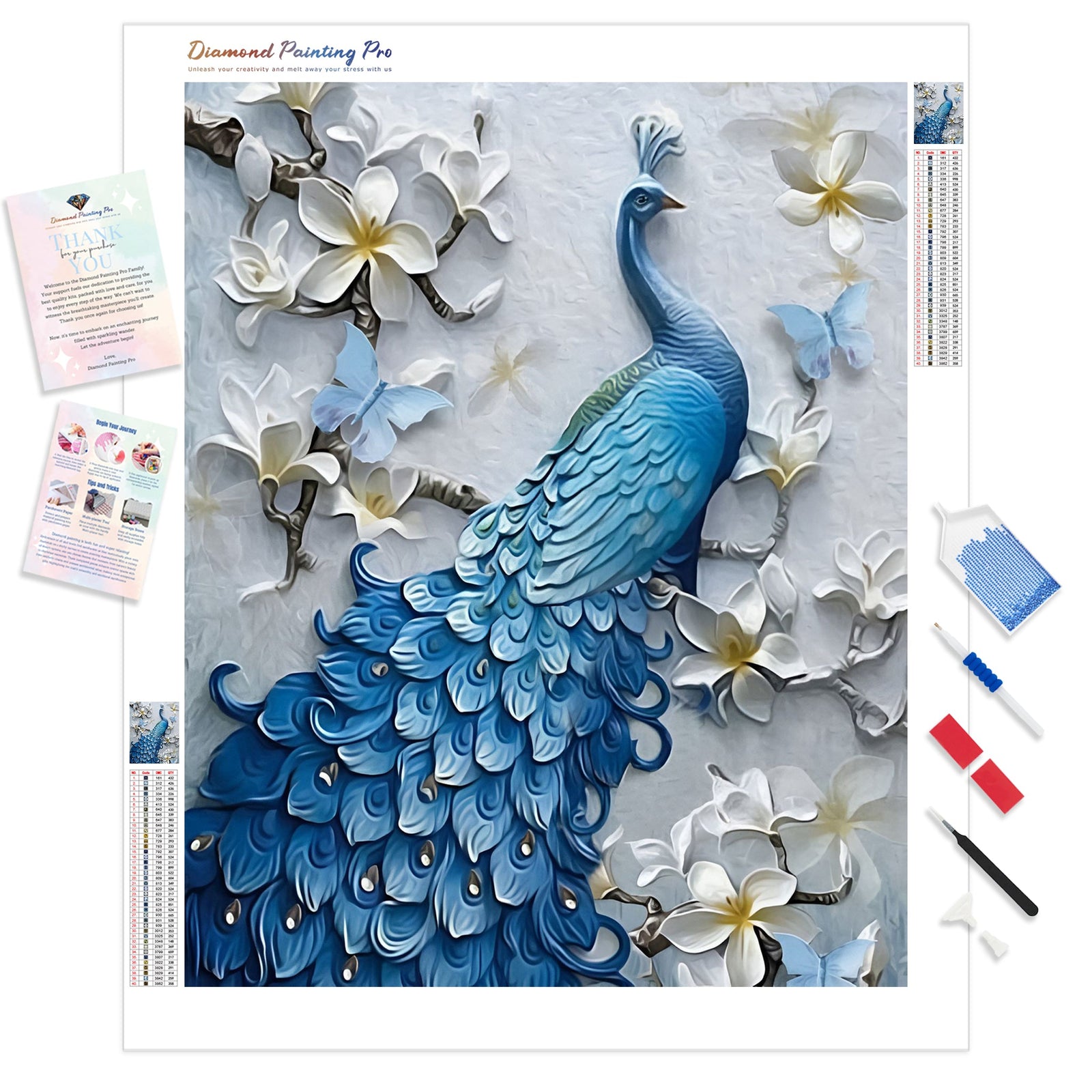 Blue Peacock Flower | Diamond Painting Kit - Full Drill - Square or Round Diamonds with AB Drills Option