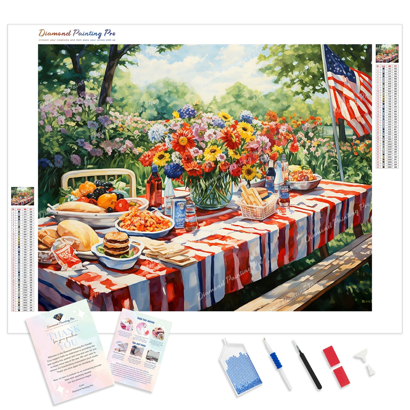 Star-Spangled Picnic Delight | Diamond Painting Kit - Full Drill - Square or Round Diamonds with AB Drills Option