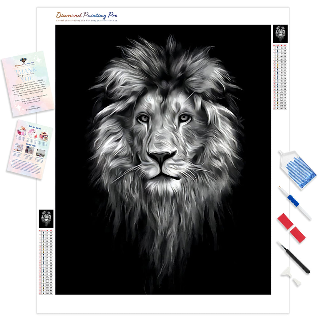 Black and White Lion Face | Diamond Painting Kit - Full Drill - Square or Round Diamonds with AB Drills Option