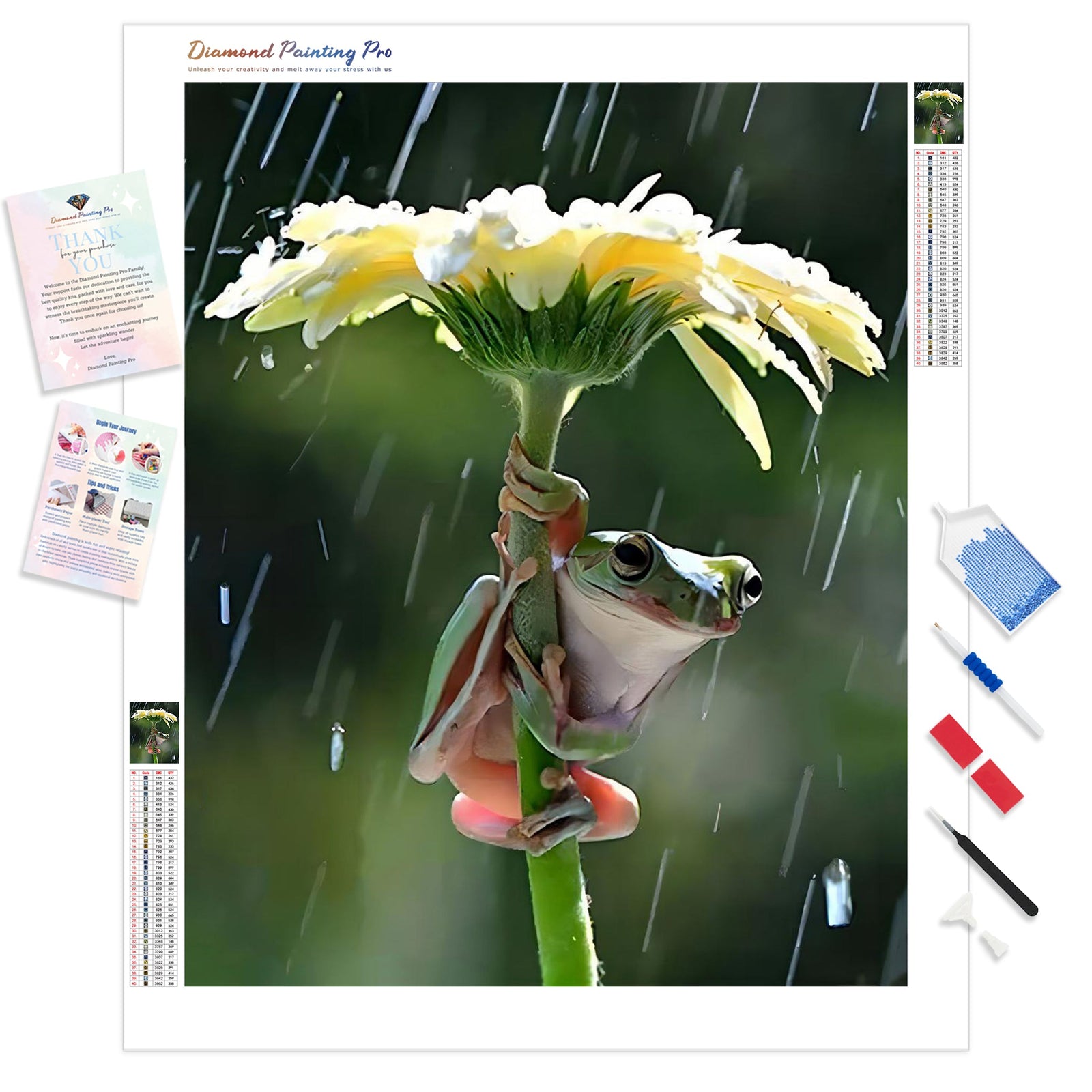 Frog on a Flower in The Rain | Diamond Painting Kit - Full Drill - Square or Round Diamonds with AB Drills Option