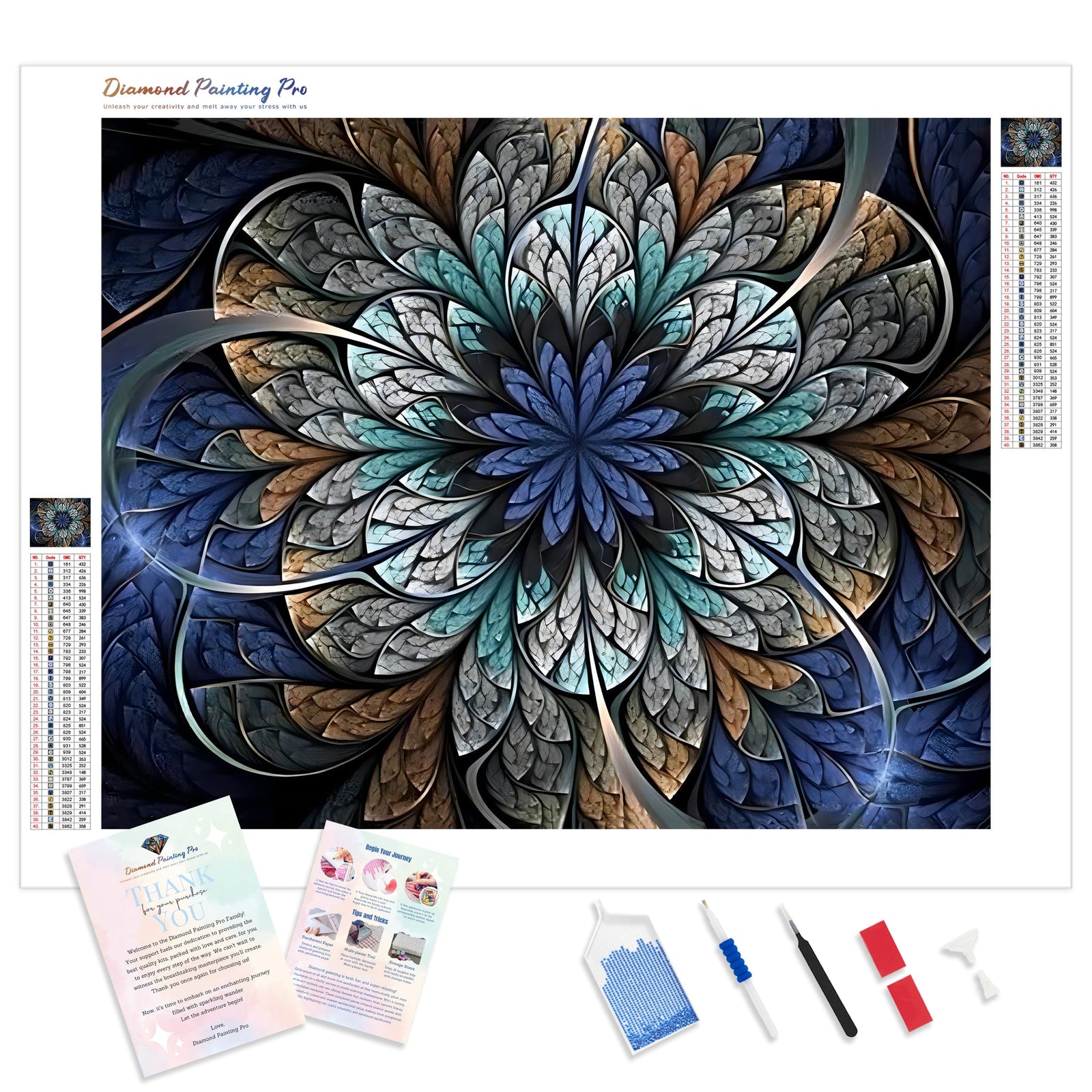 Blue and Gold Fractal Flower | Diamond Painting Kit - Full Drill - Square or Round Diamonds with AB Drills Option