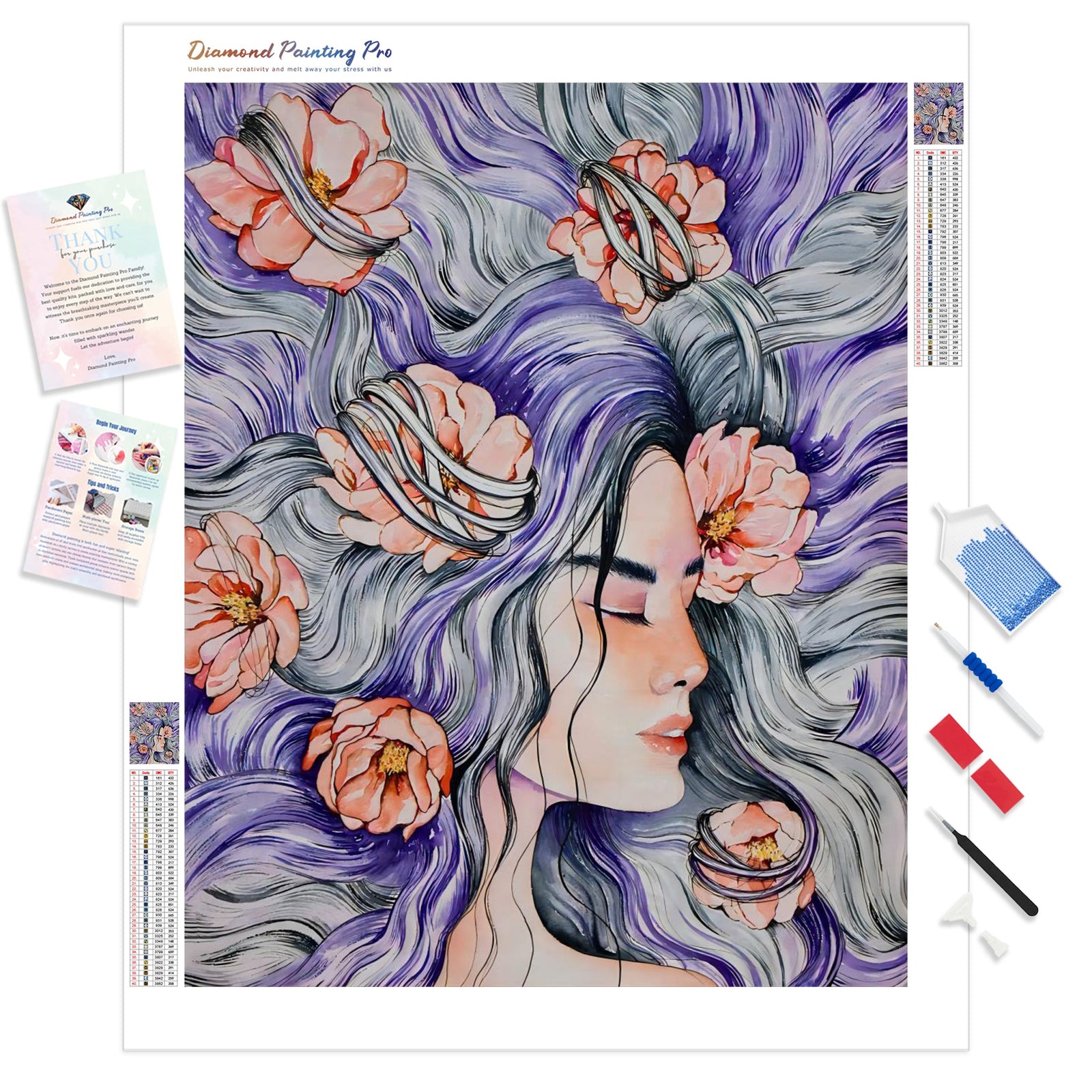 Girl with Purple Hair Surrounded by Flowers | Diamond Painting Kit - Full Drill - Square or Round Diamonds with AB Drills Option