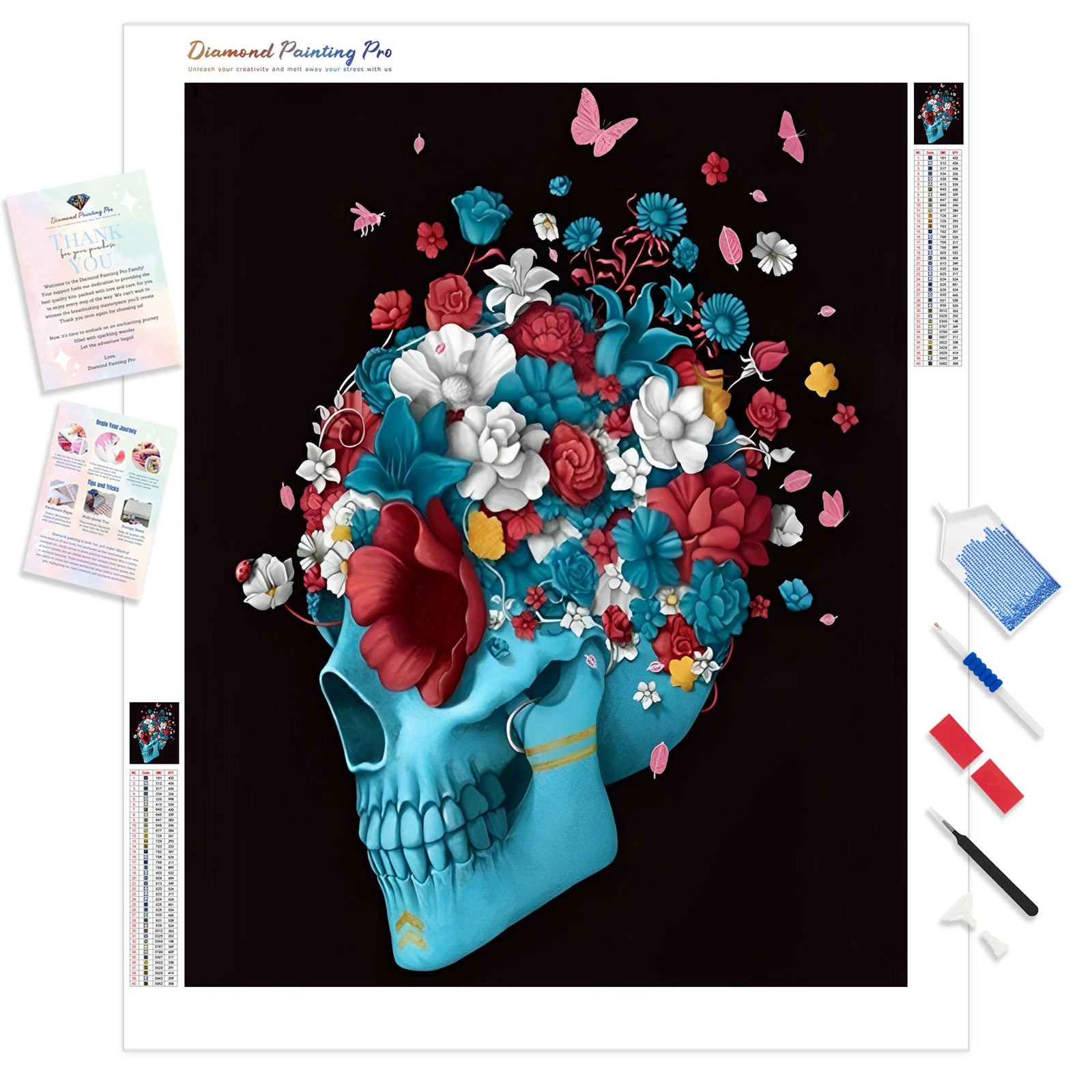 Blue Skull With Flowers | Diamond Painting Kit - Full Drill - Square or Round Diamonds with AB Drills Option