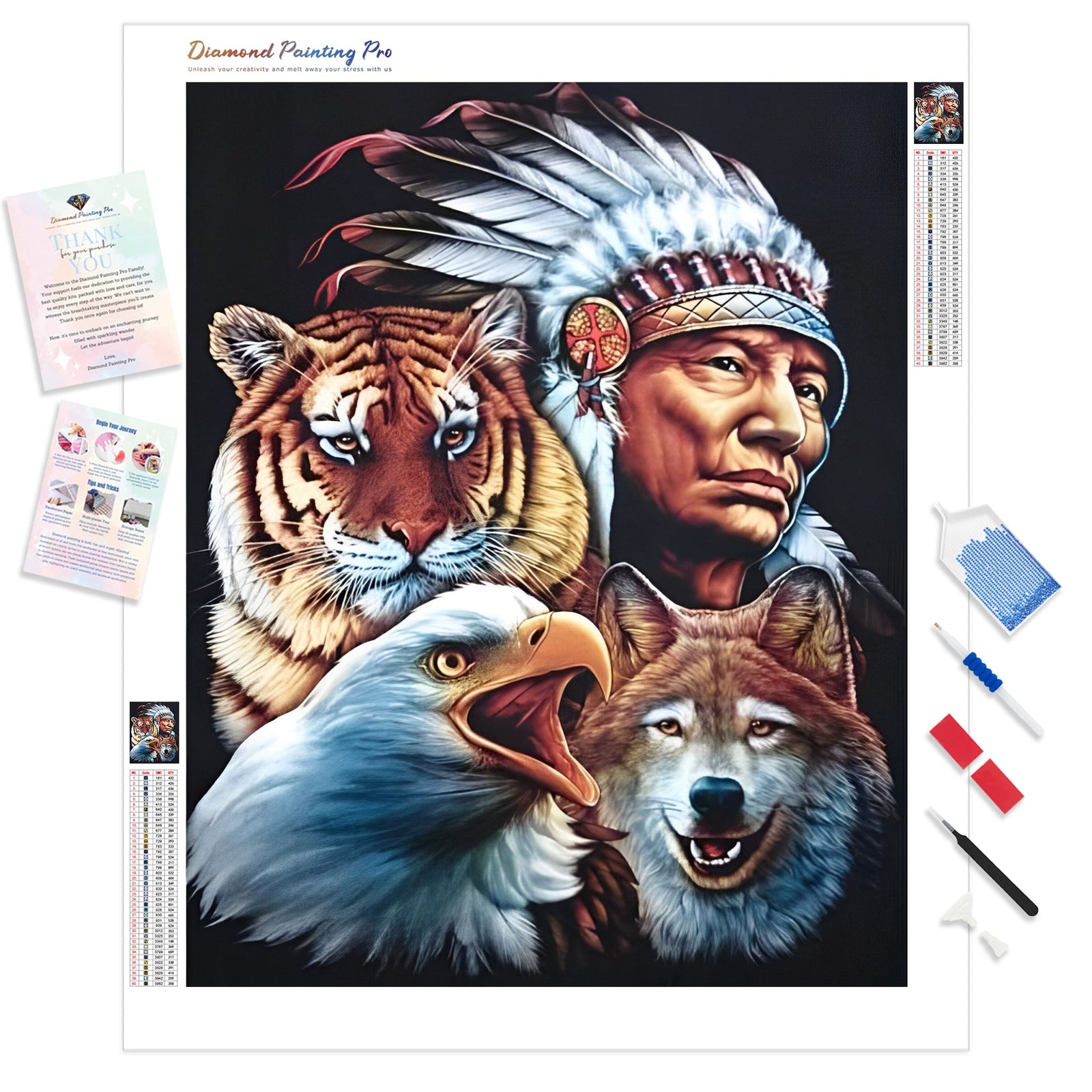 Indian Tiger Eagle Wolf | Diamond Painting Kit - Full Drill - Square or Round Diamonds with AB Drills Option