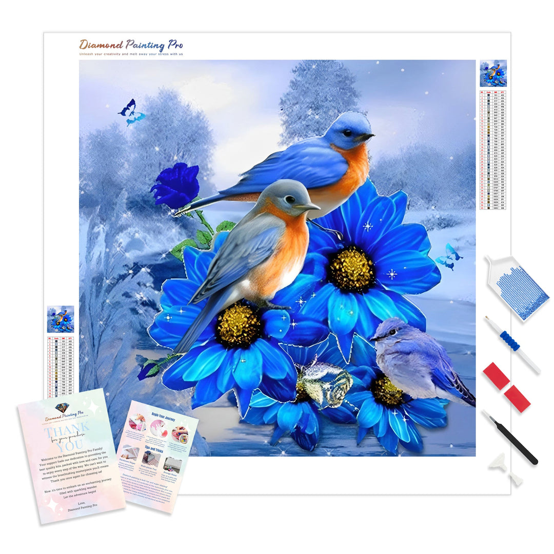 Winter Birds On The Blue Flowers | Diamond Painting