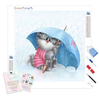 Cartoon Cat Under The Umbrella | Diamond Painting