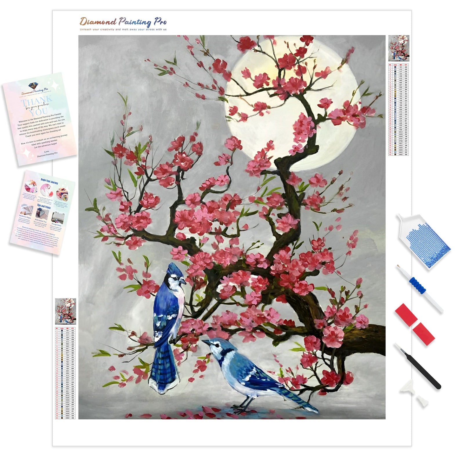 Blue Jay Bird on Cherry Flower Tree | Diamond Painting Kit - Full Drill - Square or Round Diamonds with AB Drills Option