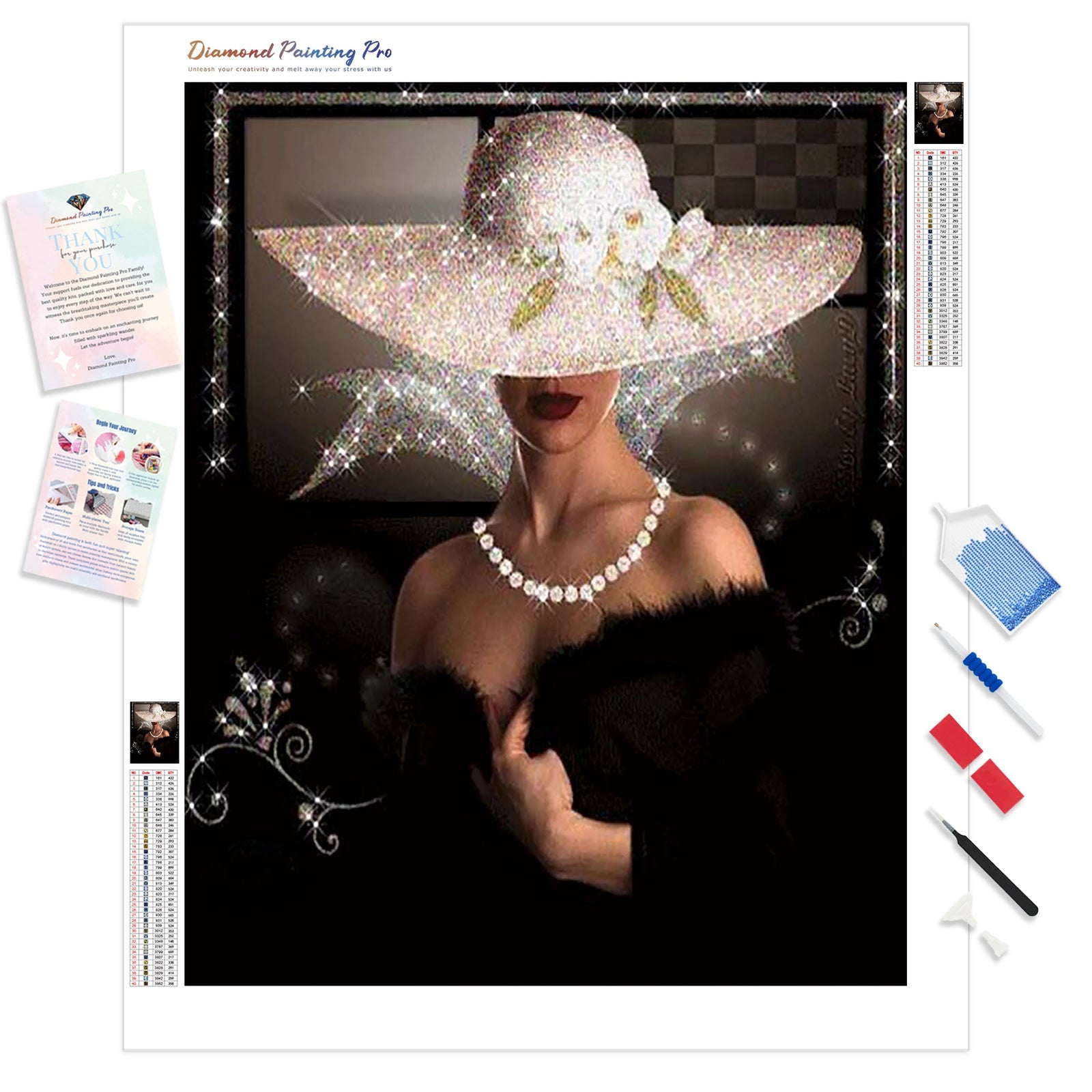 Lady in Black Dress and White Hat | Diamond Painting Kit - Full Drill - Square or Round Diamonds with AB Drills Option