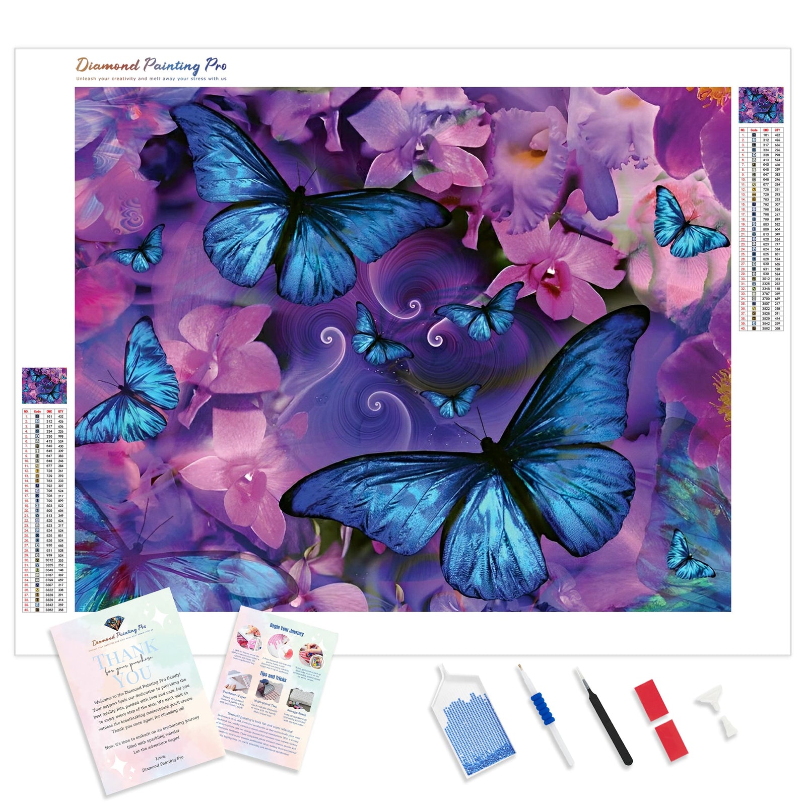 Blue Butterflies and Flowers | Diamond Painting Kit - Full Drill - Square or Round Diamonds with AB Drills Option