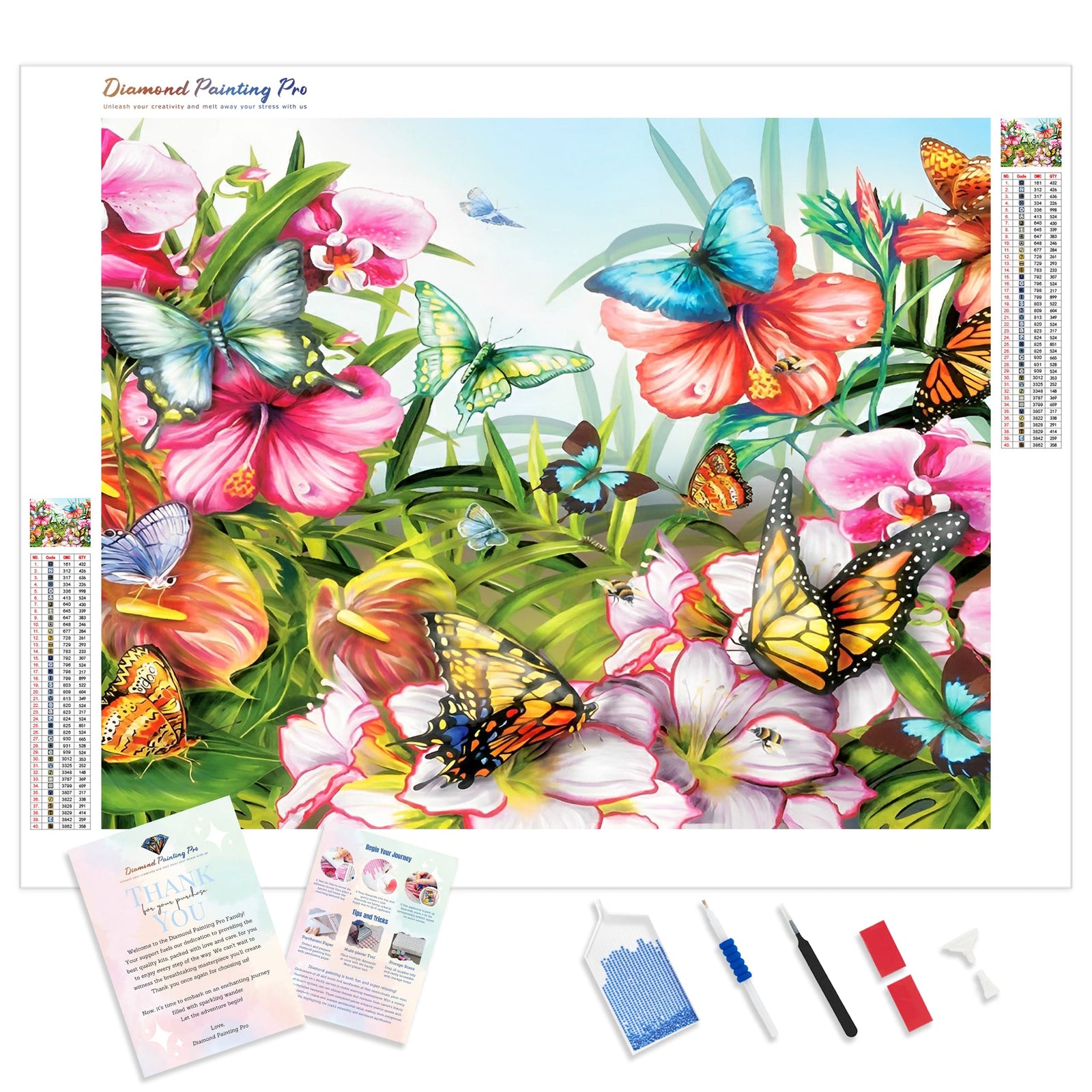 Butterflies and Vibrant Flowers | Diamond Painting Kit - Full Drill - Square or Round Diamonds with AB Drills Option