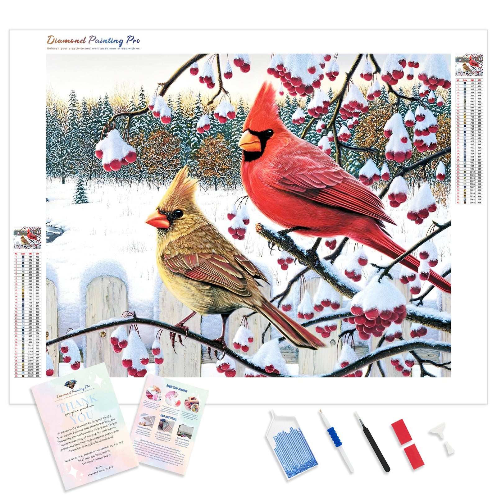 Cardinal Birds on Berry Branch | Diamond Painting Kit - Full Drill - Square or Round Diamonds with AB Drills Option