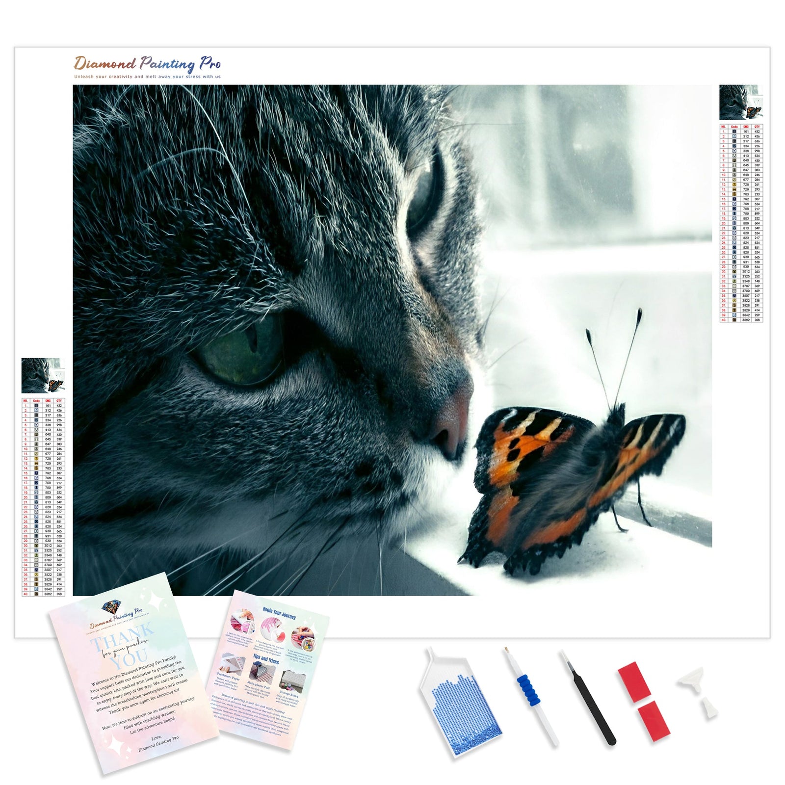 Cat and Butterfly | Diamond Painting Kit - Full Drill - Square or Round Diamonds with AB Drills Option