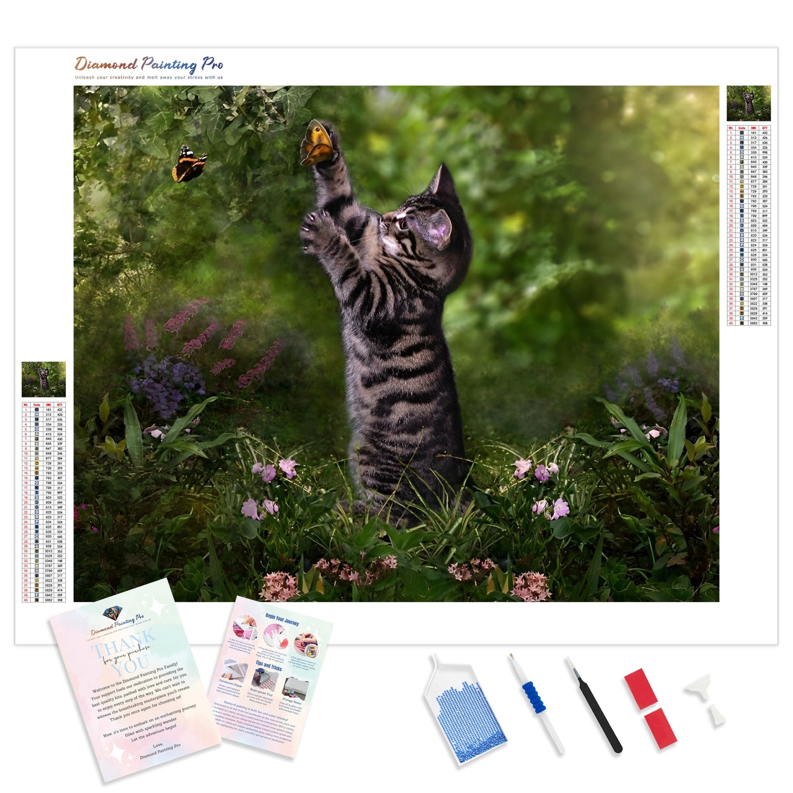 Cat with Butterflies | Diamond Painting Kit - Full Drill - Square or Round Diamonds with AB Drills Option