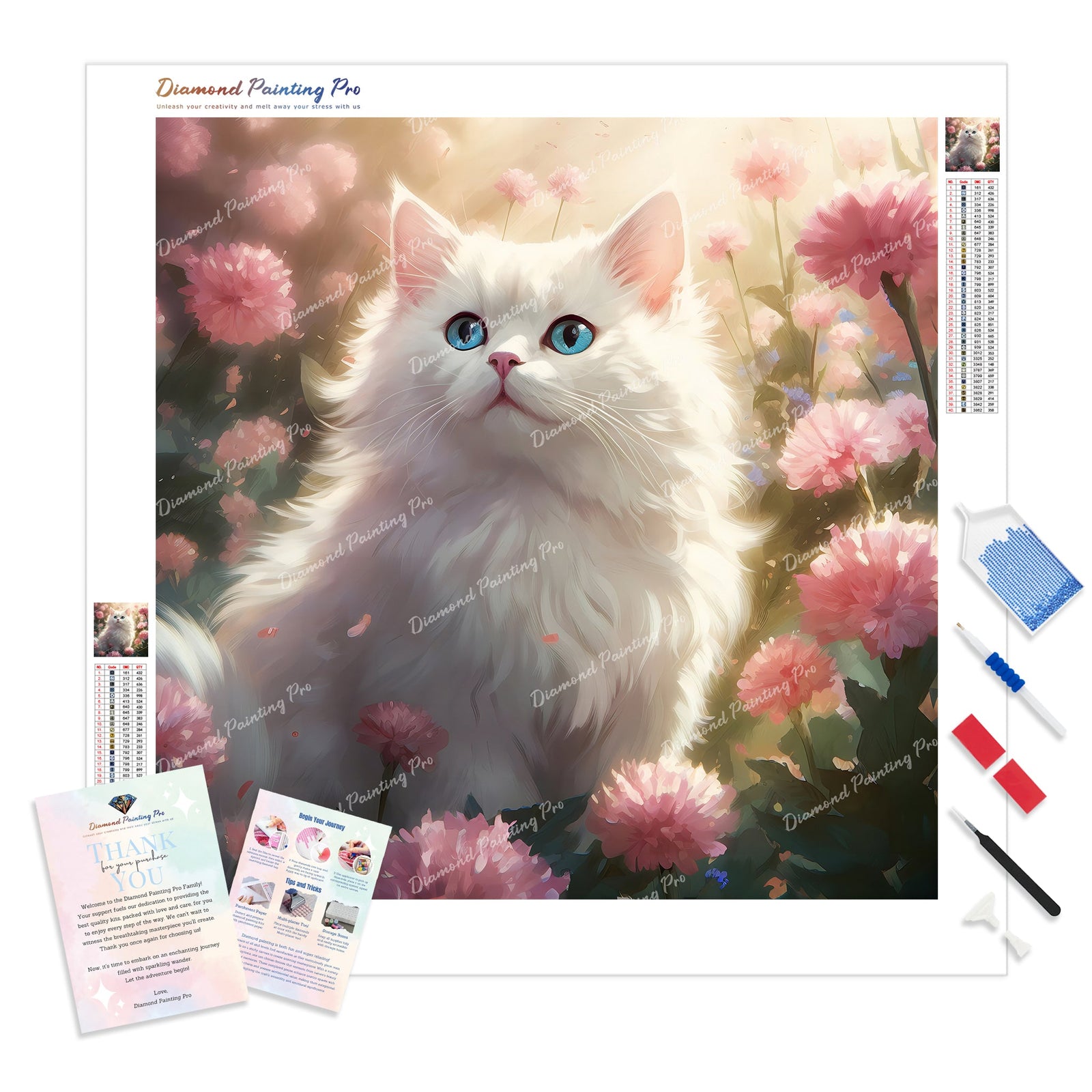 White Cat with Peony Flower | Diamond Painting Kit - Full Drill - Square or Round Diamonds with AB Drills Option