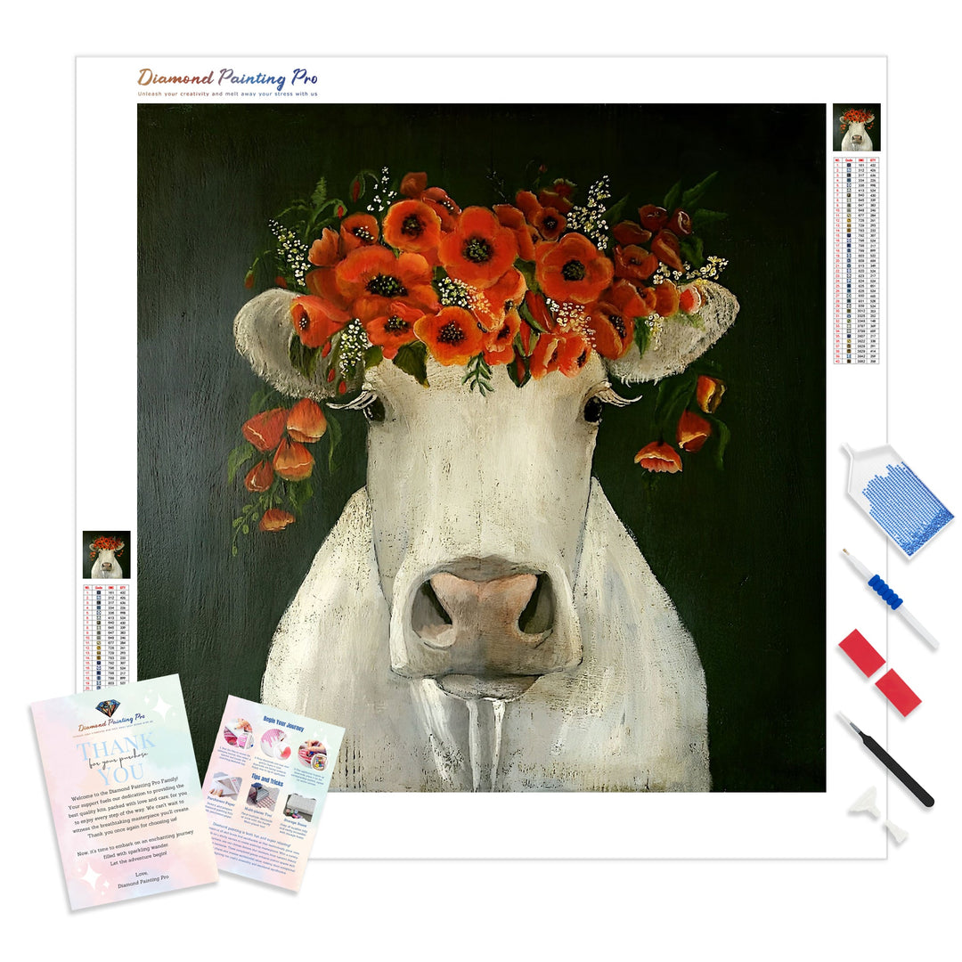 Flower Crown Cow | Diamond Painting Kit - Full Drill - Square or Round Diamonds with AB Drills Option