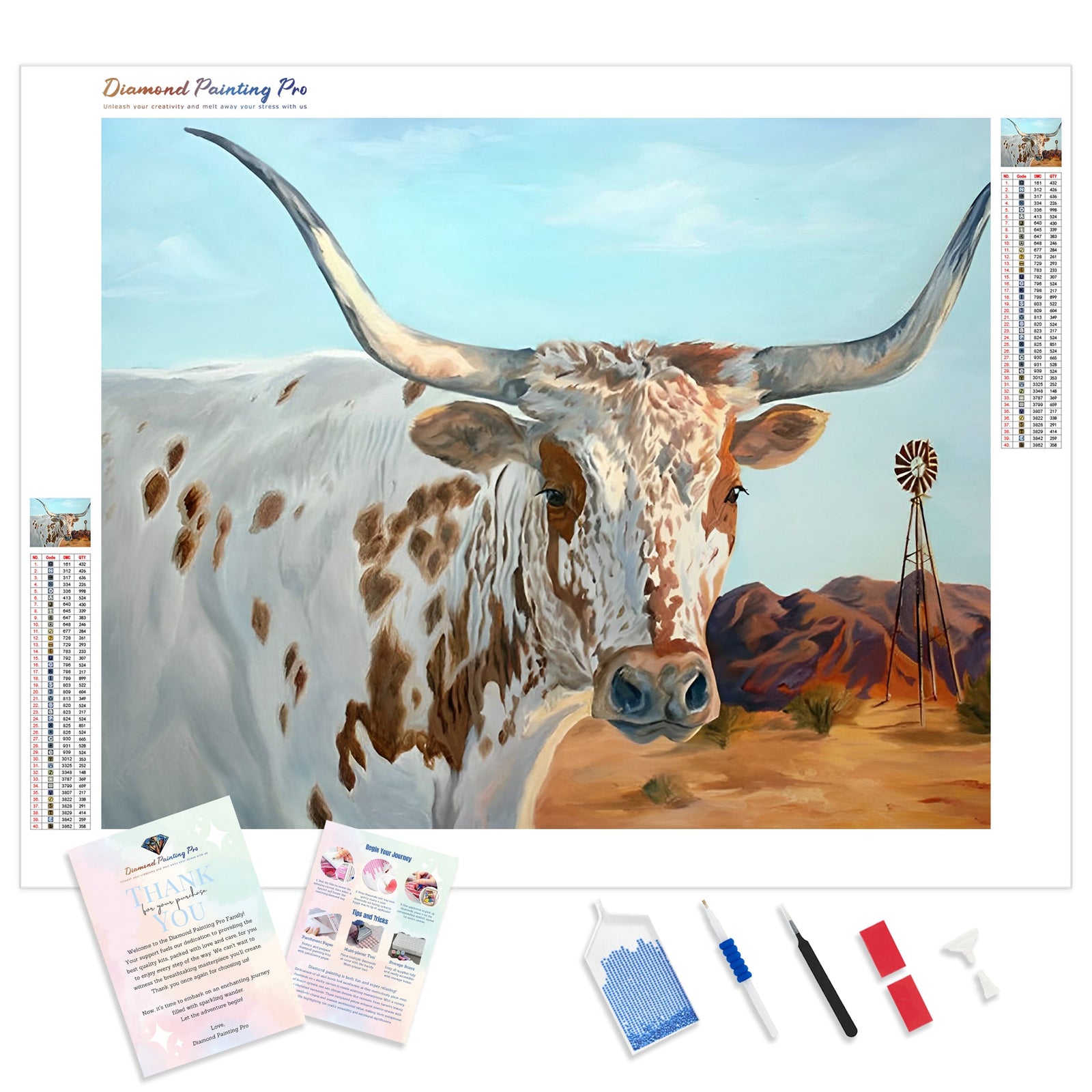 Longhorn Cattle | Diamond Painting Kit - Full Drill - Square or Round Diamonds with AB Drills Option