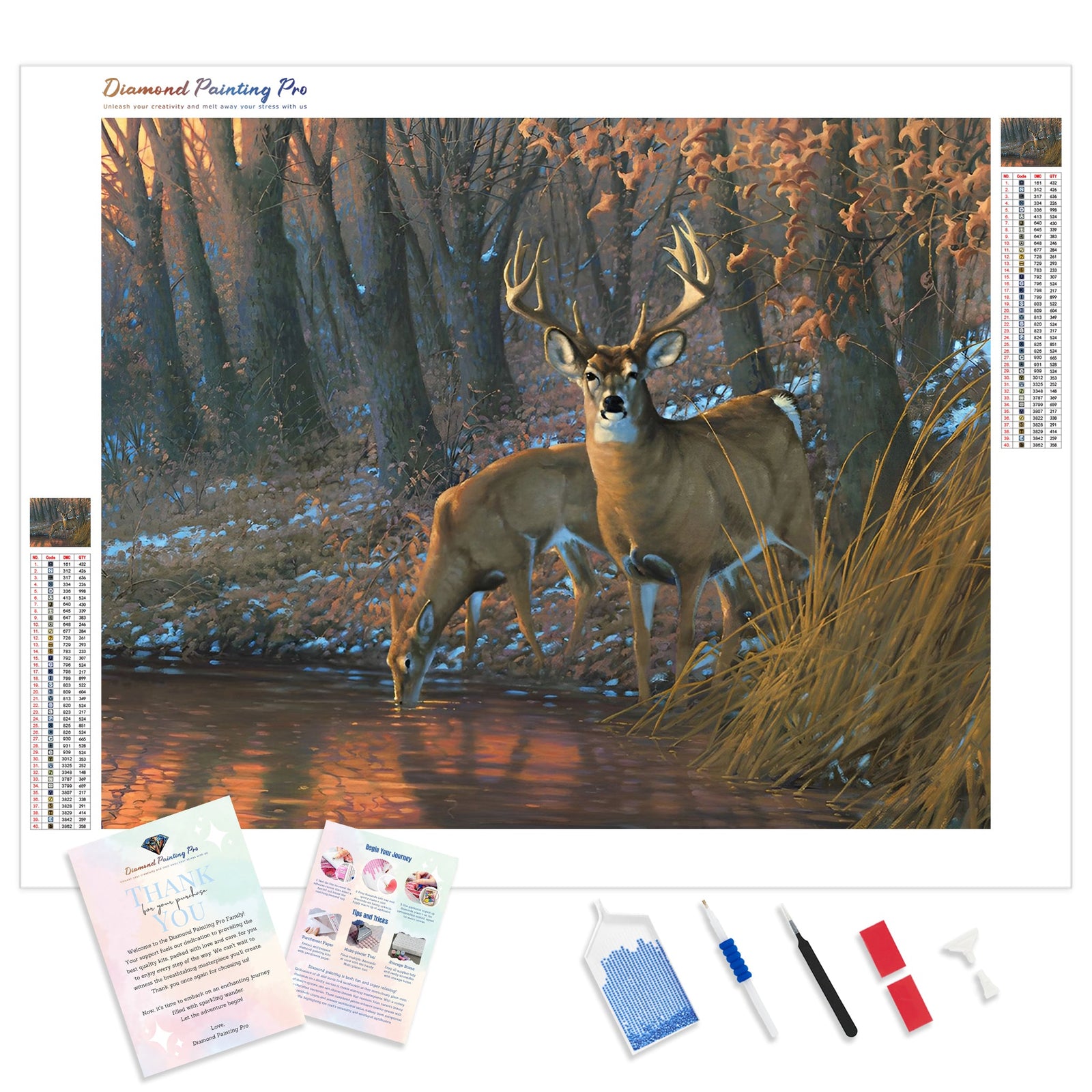 Woodland Waterhole Deer | Diamond Painting Kit - Full Drill - Square or Round Diamonds with AB Drills Option