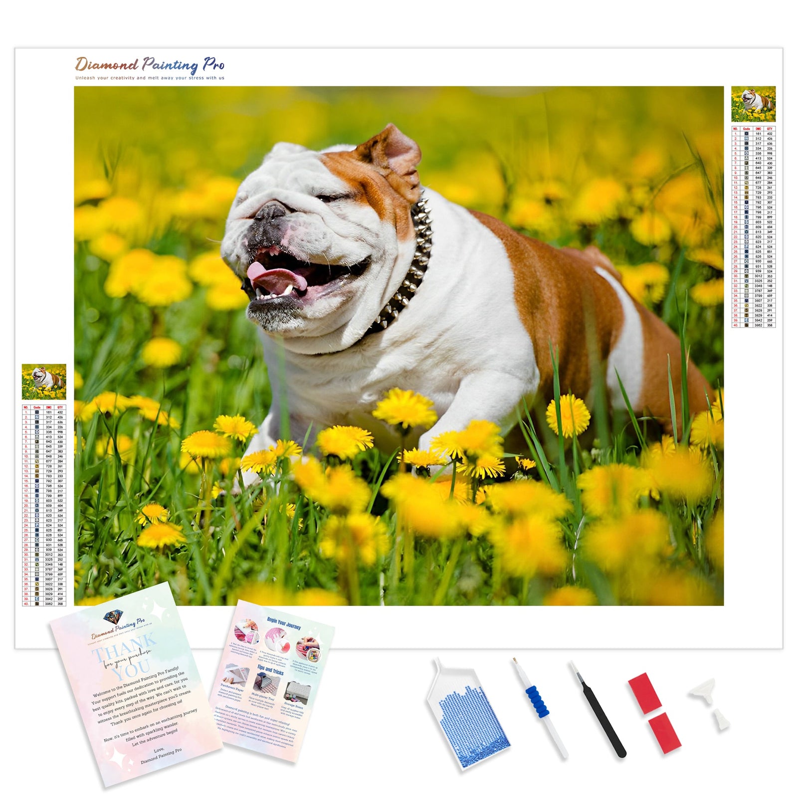 Bulldog and Flowers | Diamond Painting Kit - Full Drill - Square or Round Diamonds with AB Drills Option