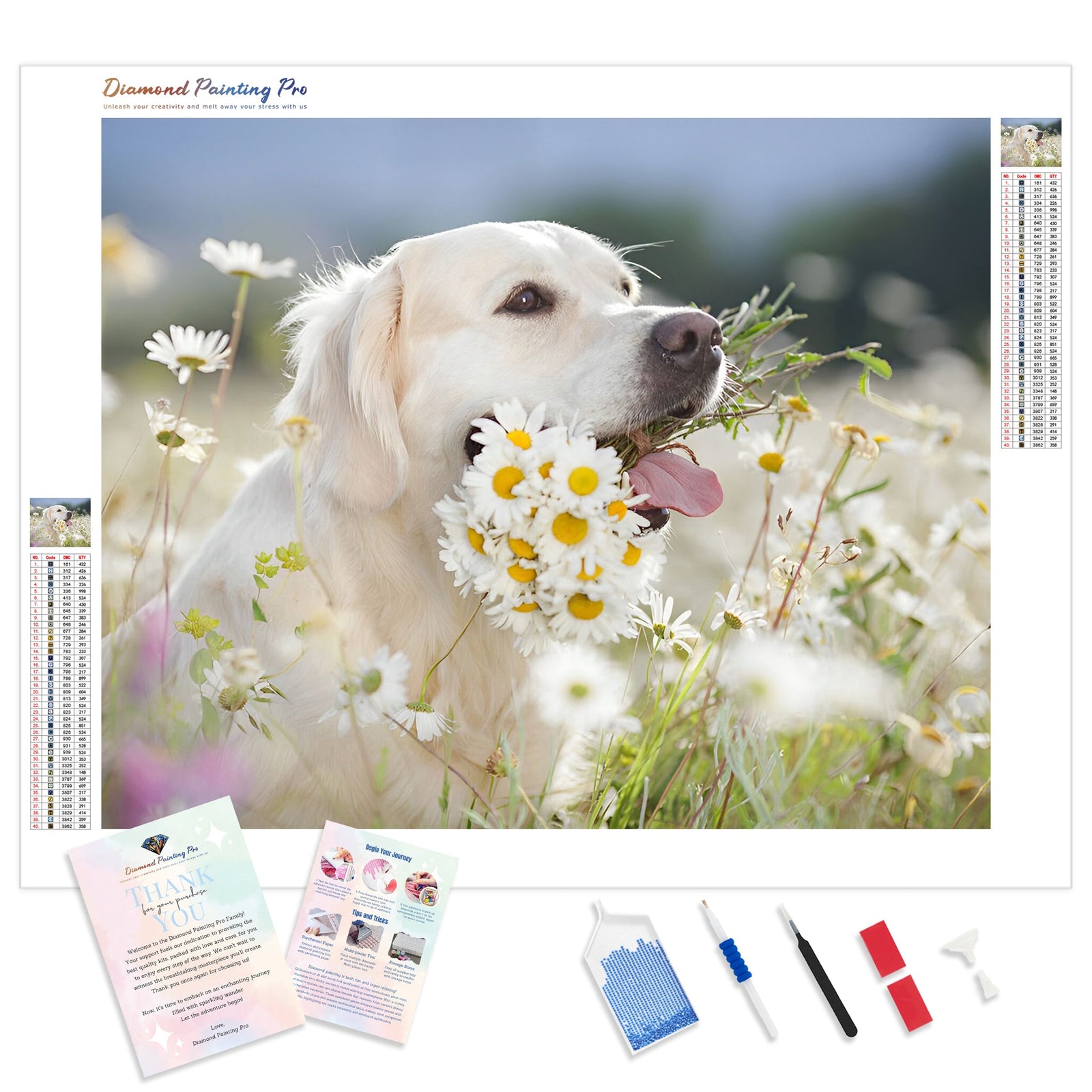 White Dog Amongst Flowers | Diamond Painting Kit - Full Drill - Square or Round Diamonds with AB Drills Option