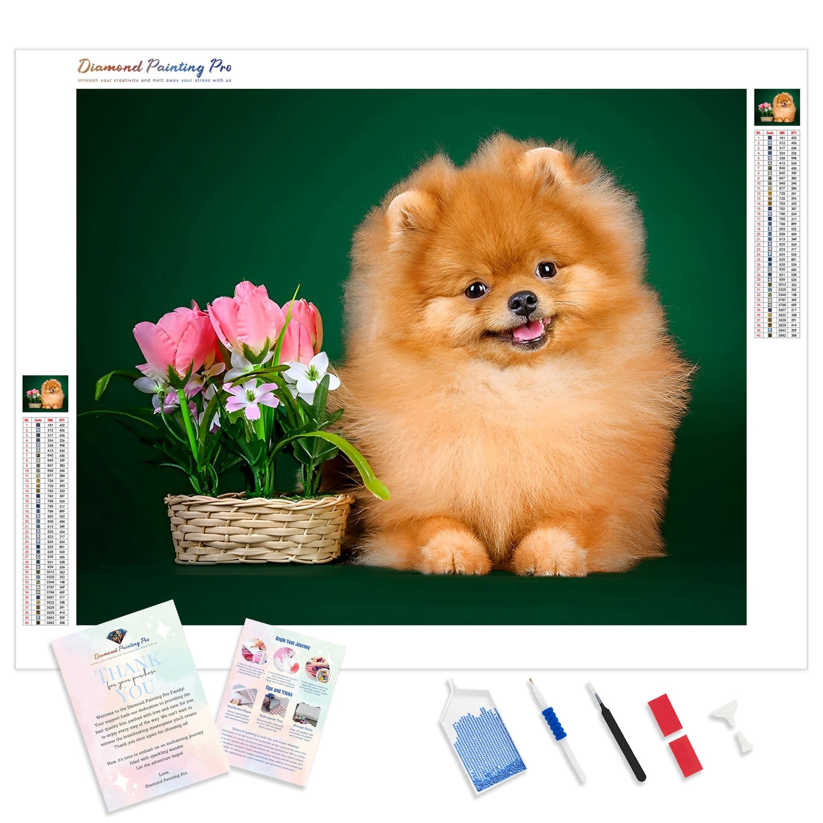 Pomeranian Dog Flowers | Diamond Painting Kit - Full Drill - Square or Round Diamonds with AB Drills Option