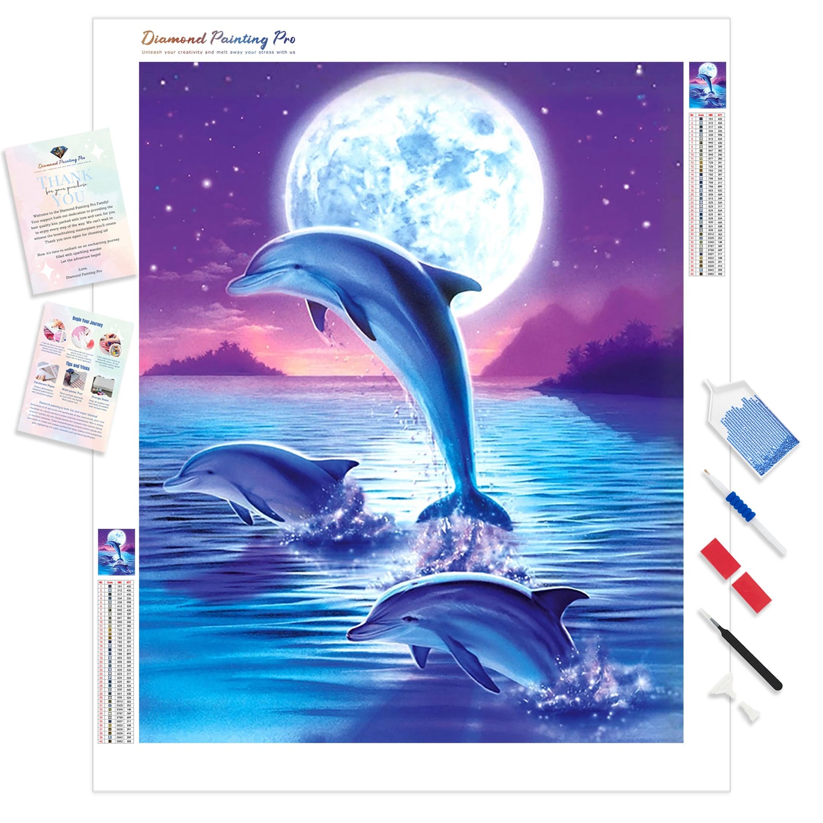 Dolphins under Moonlight | Diamond Painting Kit - Full Drill - Square or Round Diamonds with AB Drills Option