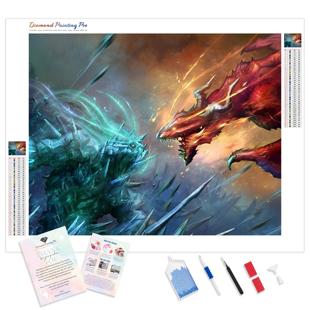 Ice Dragon nd Fire Dragon Battle | Diamond Painting Kit - Full Drill - Square or Round Diamonds with AB Drills Option