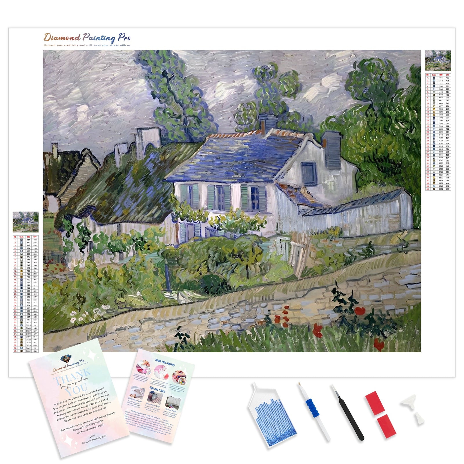 Houses at Auvers - Vincent Van Gogh | Diamond Painting Kit - Full Drill - Square or Round Diamonds with AB Drills Option