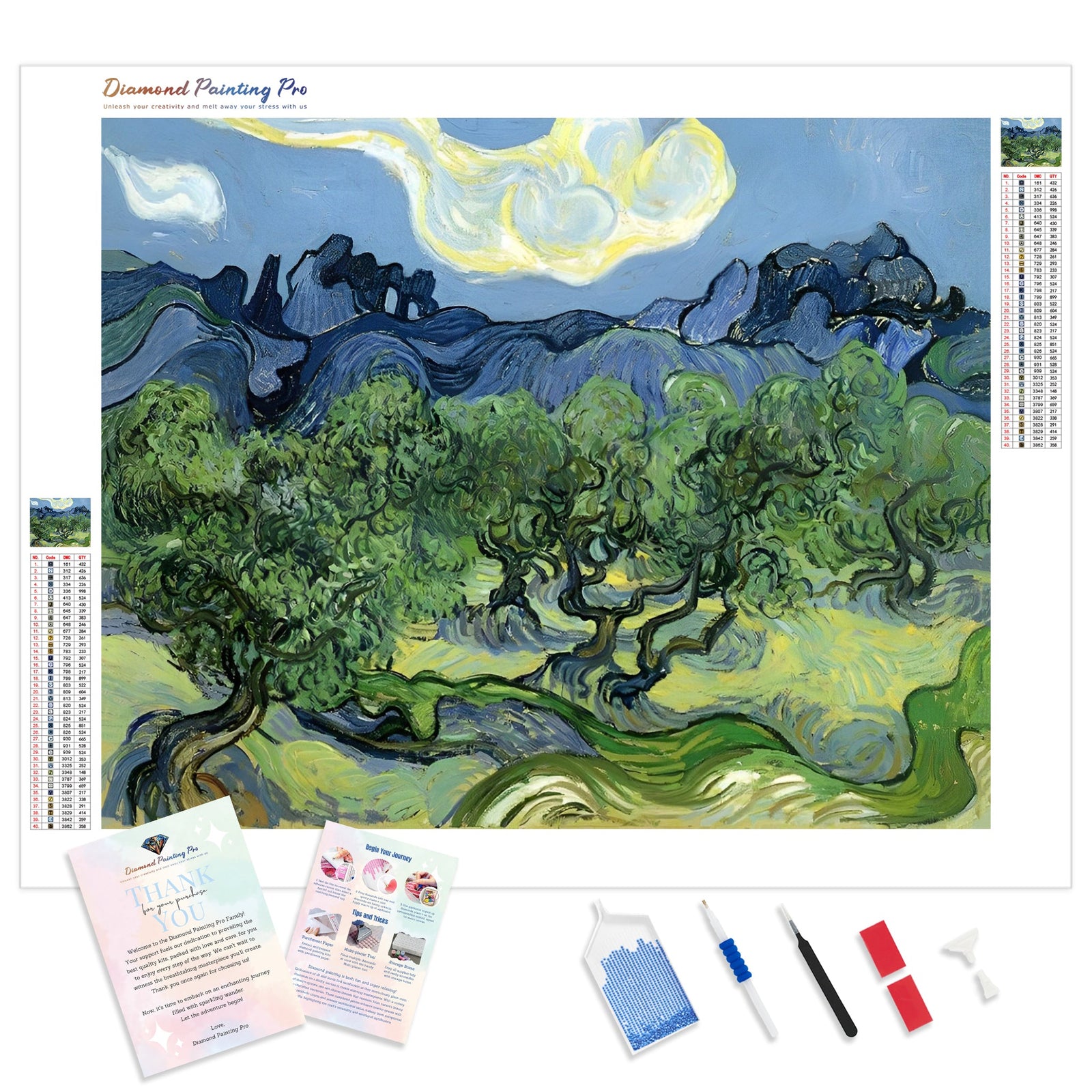 Landscape with Olive Trees - Van Gogh | Diamond Painting Kit - Full Drill - Square or Round Diamonds with AB Drills Option