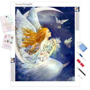 White dove angel sitting on the moon | Diamond Painting