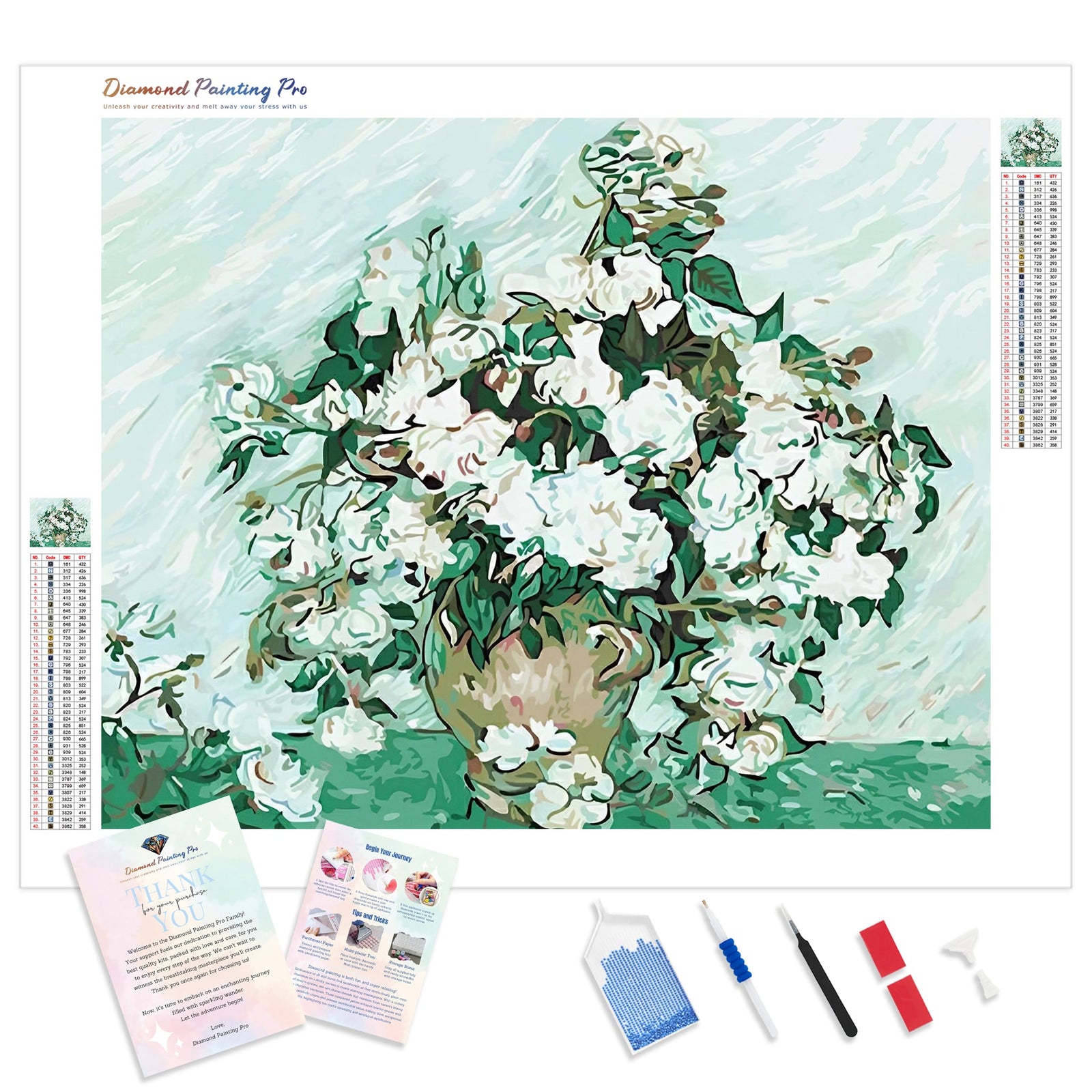 White Roses in Vase | Diamond Painting Kit - Full Drill - Square or Round Diamonds with AB Drills Option