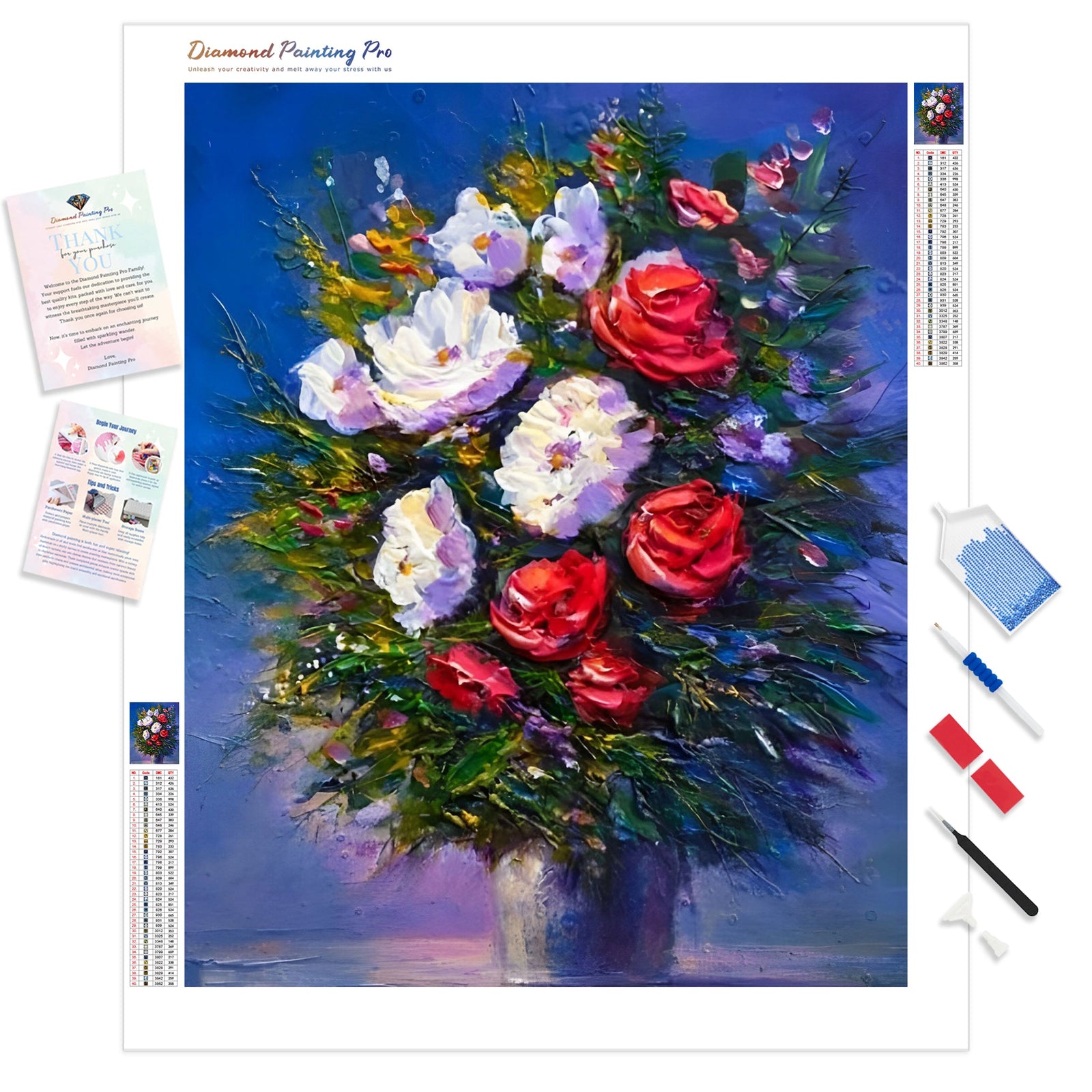 White & Red Flowers Bouquet | Diamond Painting Kit - Full Drill - Square or Round Diamonds with AB Drills Option