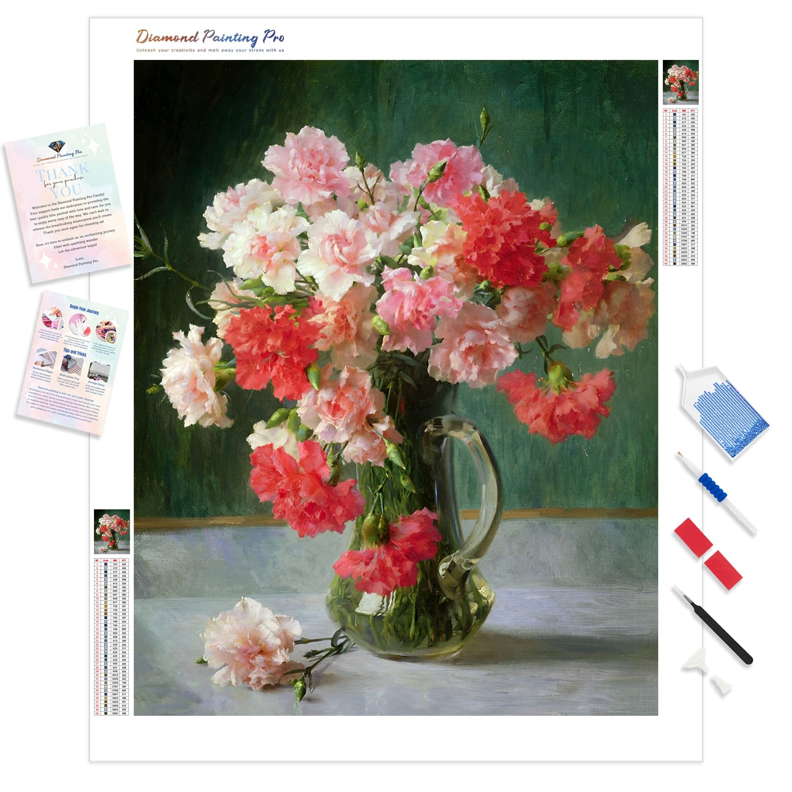 Still life of Carnations | Diamond Painting Kit - Full Drill - Square or Round Diamonds with AB Drills Option