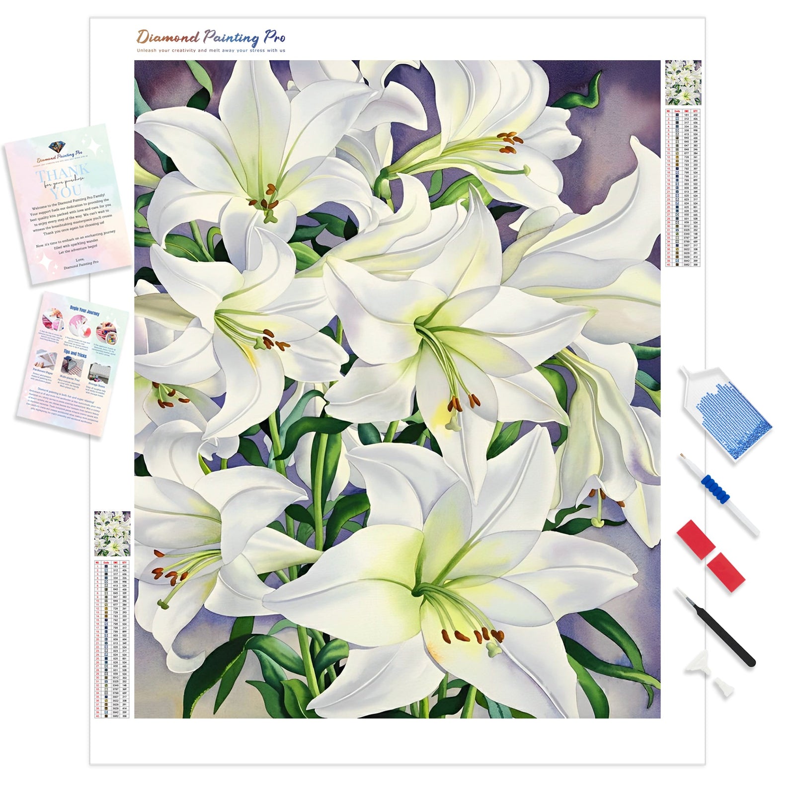 White Lilies | Diamond Painting Kit - Full Drill - Square or Round Diamonds with AB Drills Option