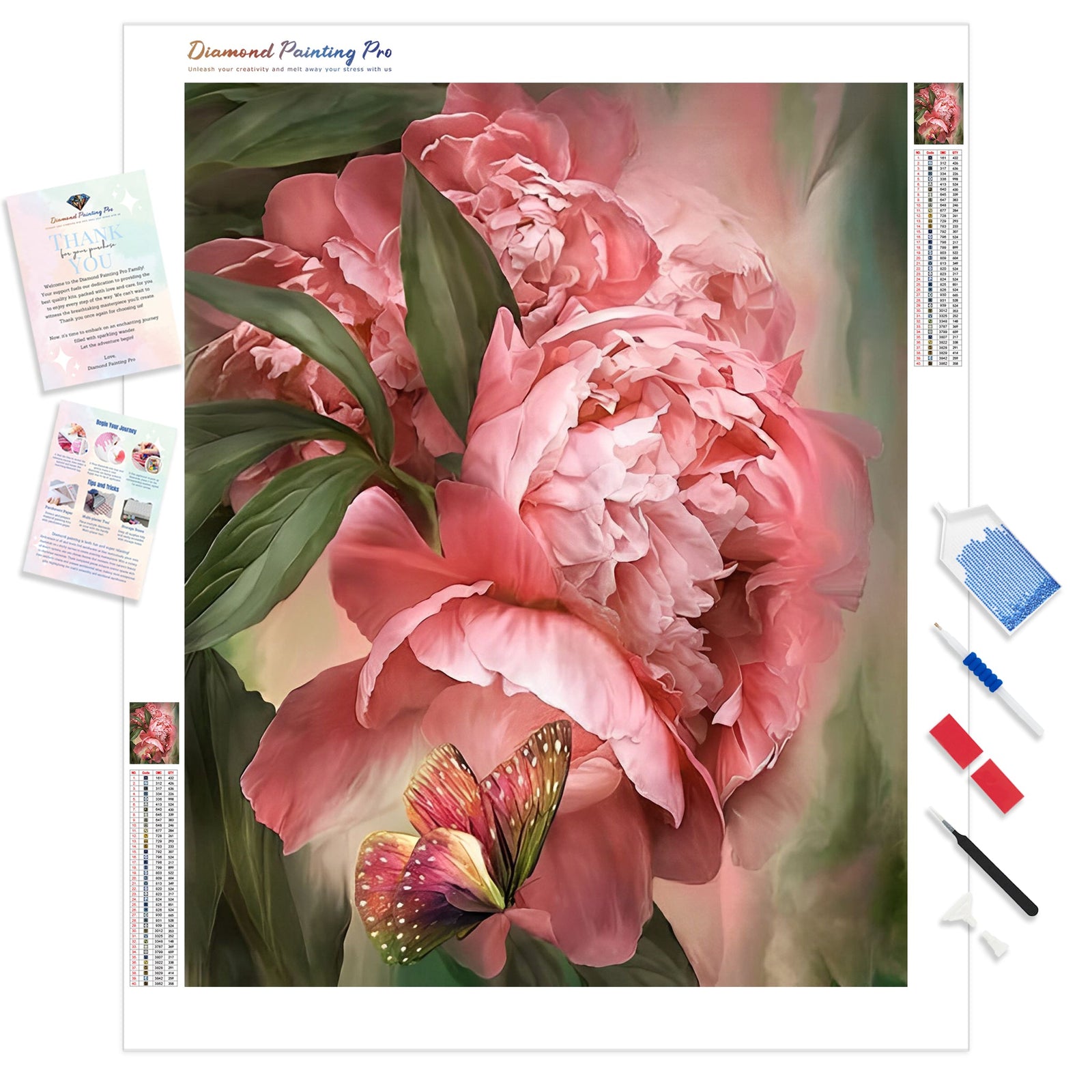 Pink Roses and Butterfly | Diamond Painting Kit - Full Drill - Square or Round Diamonds with AB Drills Option