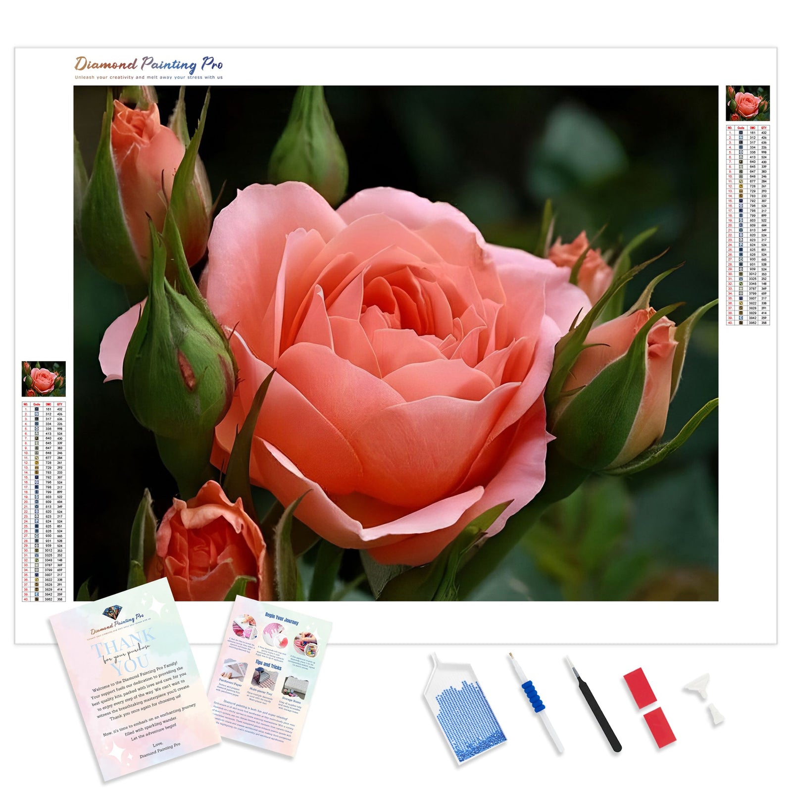 Pink Rose and Buds | Diamond Painting Kit - Full Drill - Square or Round Diamonds with AB Drills Option