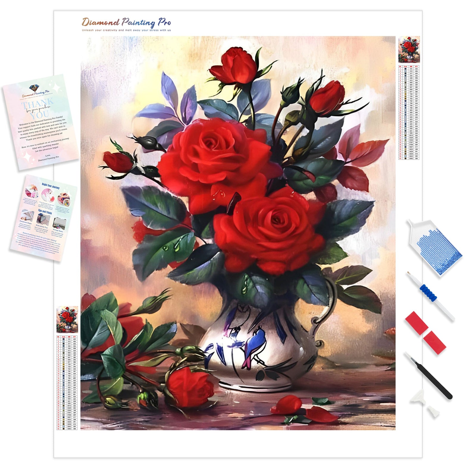 Vase of Red Roses | Diamond Painting Kit - Full Drill - Square or Round Diamonds with AB Drills Option