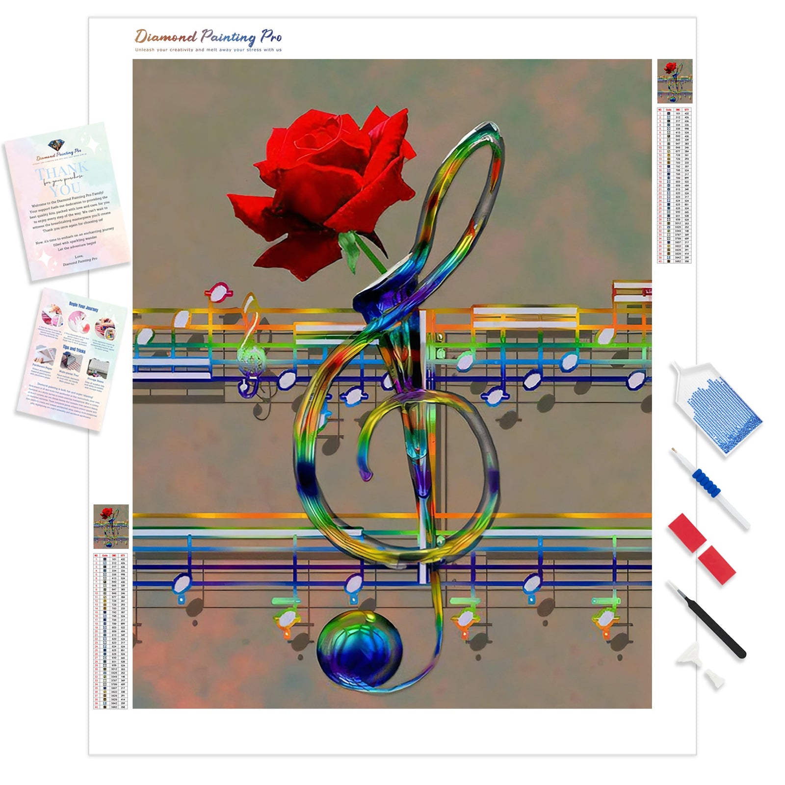 Music Rose Flower | Diamond Painting Kit - Full Drill - Square or Round Diamonds with AB Drills Option