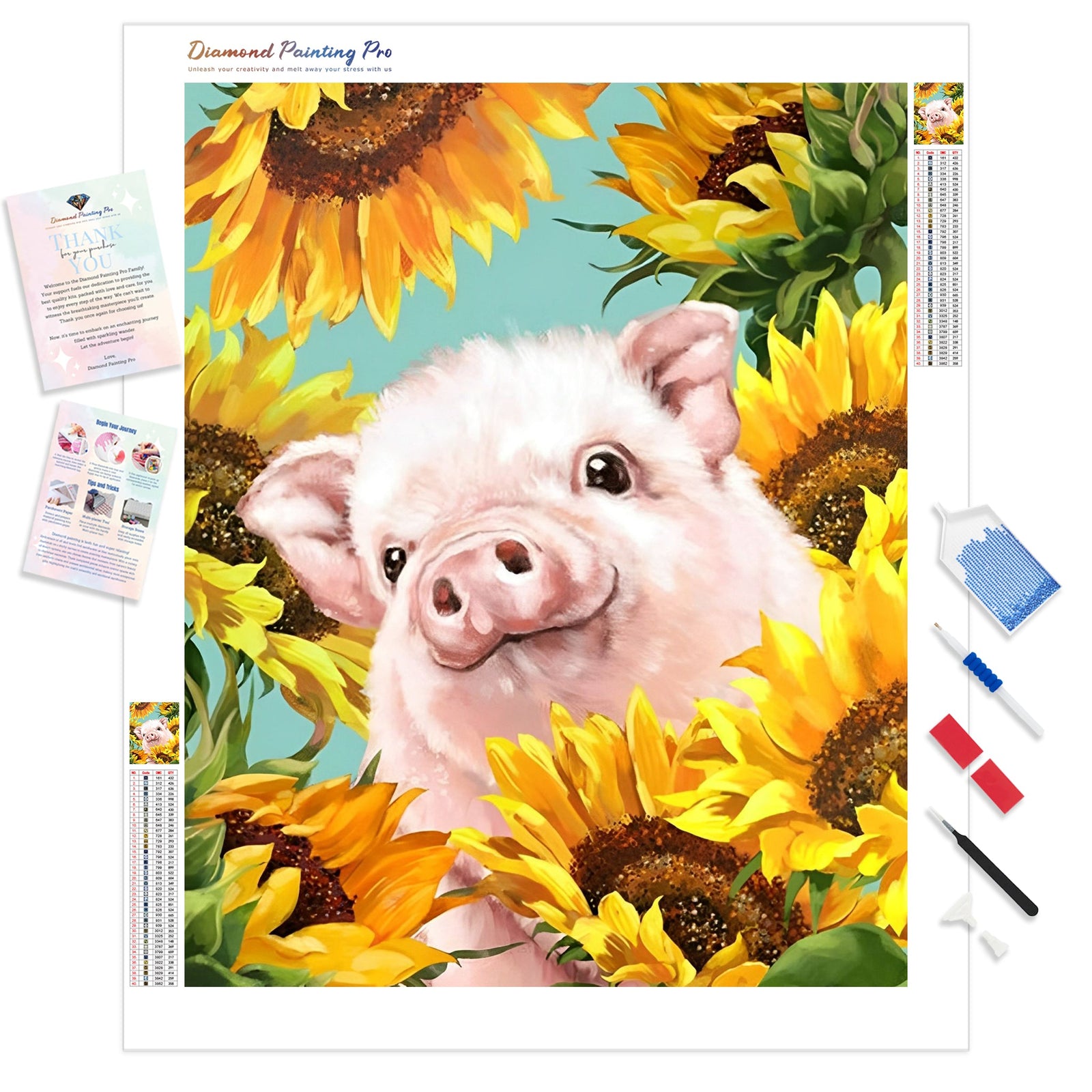 Pig In Sunflowers | Diamond Painting Kit - Full Drill - Square or Round Diamonds with AB Drills Option