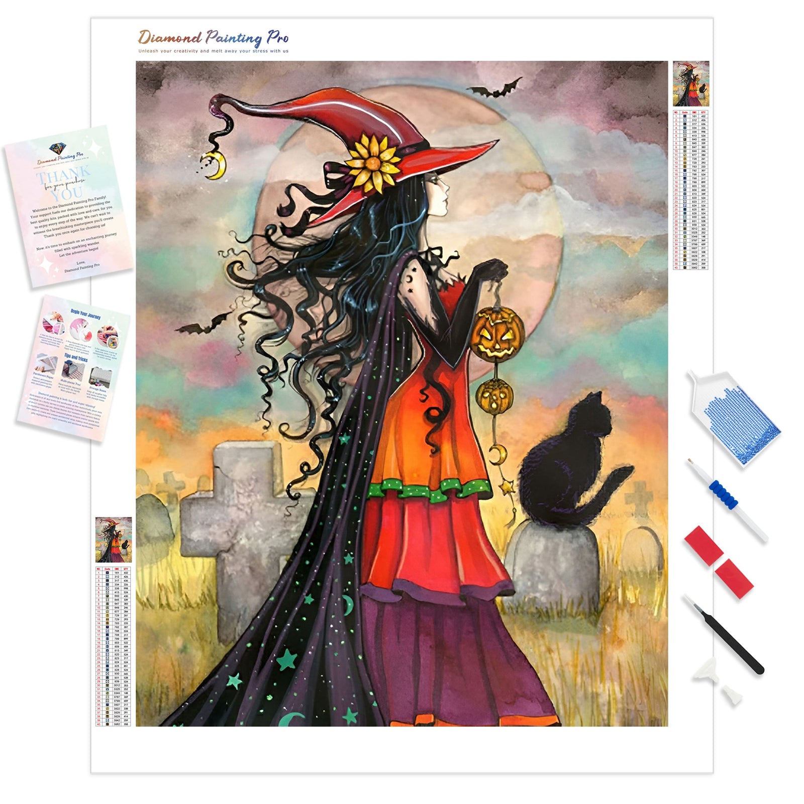 Witch Carrying a Pumpkin Lantern | Diamond Painting Kit - Full Drill - Square or Round Diamonds with AB Drills Option