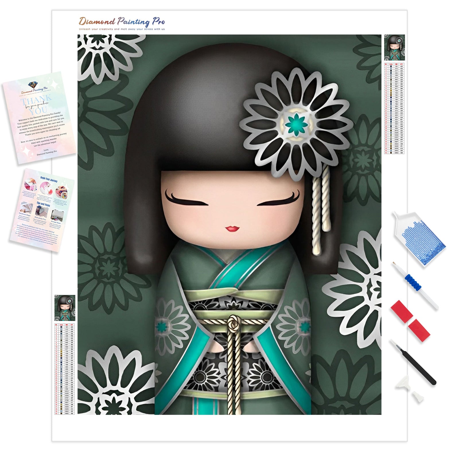 Girl in Green Kimono | Diamond Painting Kit - Full Drill - Square or Round Diamonds with AB Drills Option