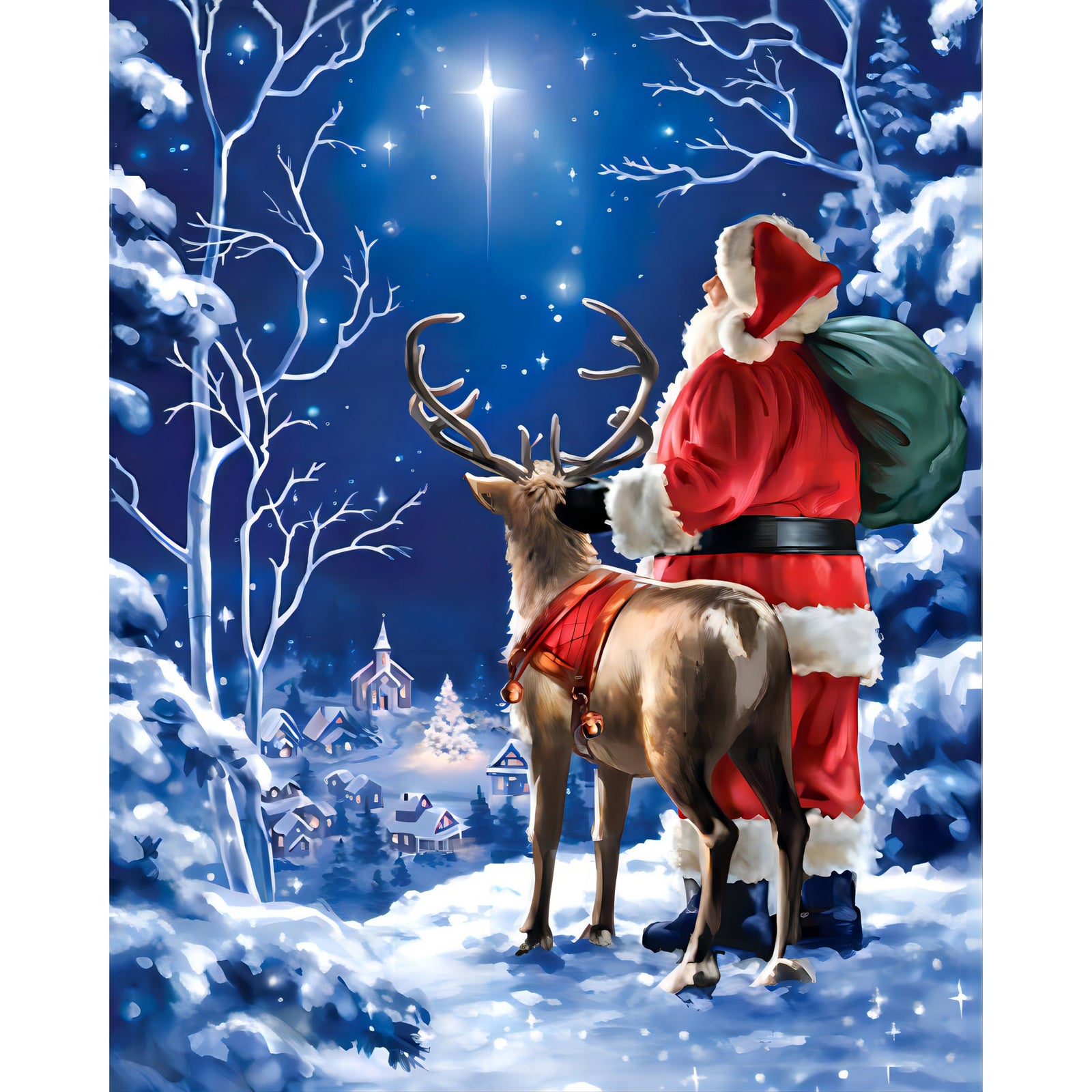 Starry Night Santa with Deer | Diamond Painting Design - Full Drill Diamond Art with 5d Square or Round Diamonds - AB Drills Available