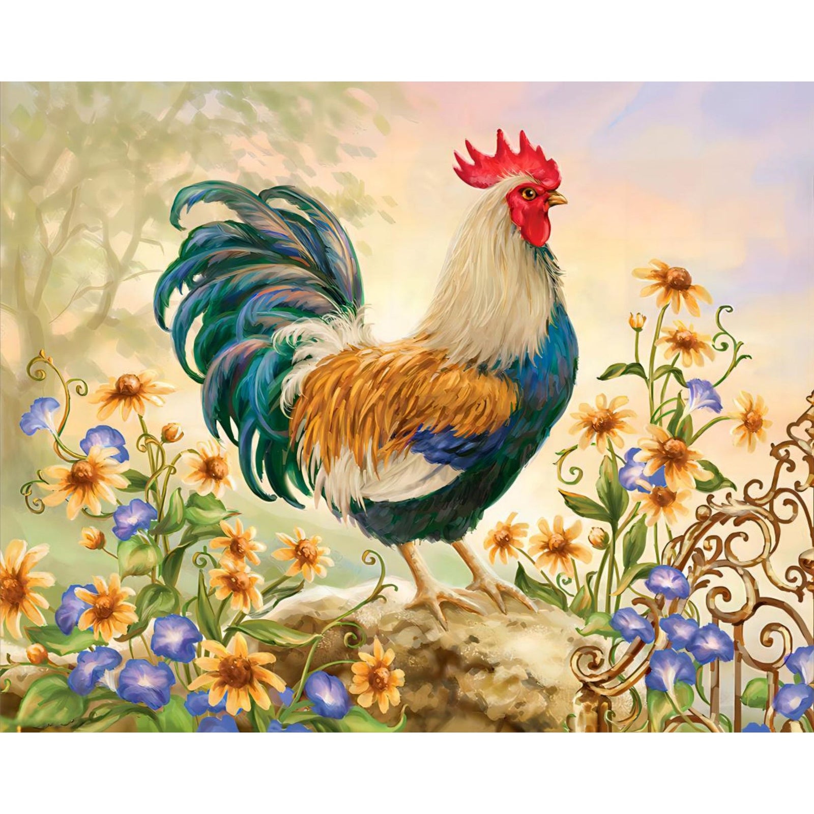 Rooster and Flowers | Diamond Painting Design - Full Drill Diamond Art with 5d Square or Round Diamonds - AB Drills Available