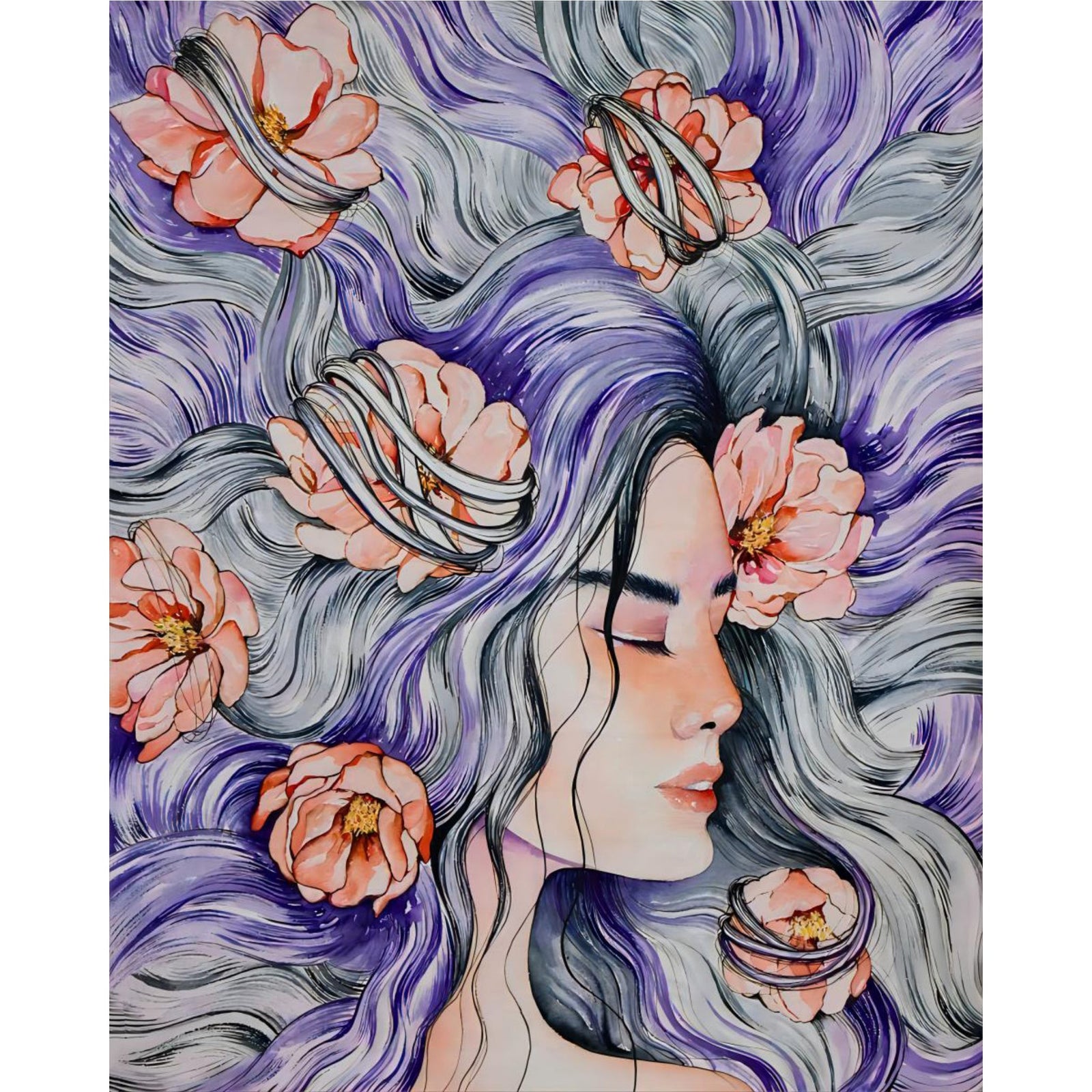 Girl with Purple Hair Surrounded by Flowers | Diamond Painting Design - Full Drill Diamond Art with 5d Square or Round Diamonds - AB Drills Available