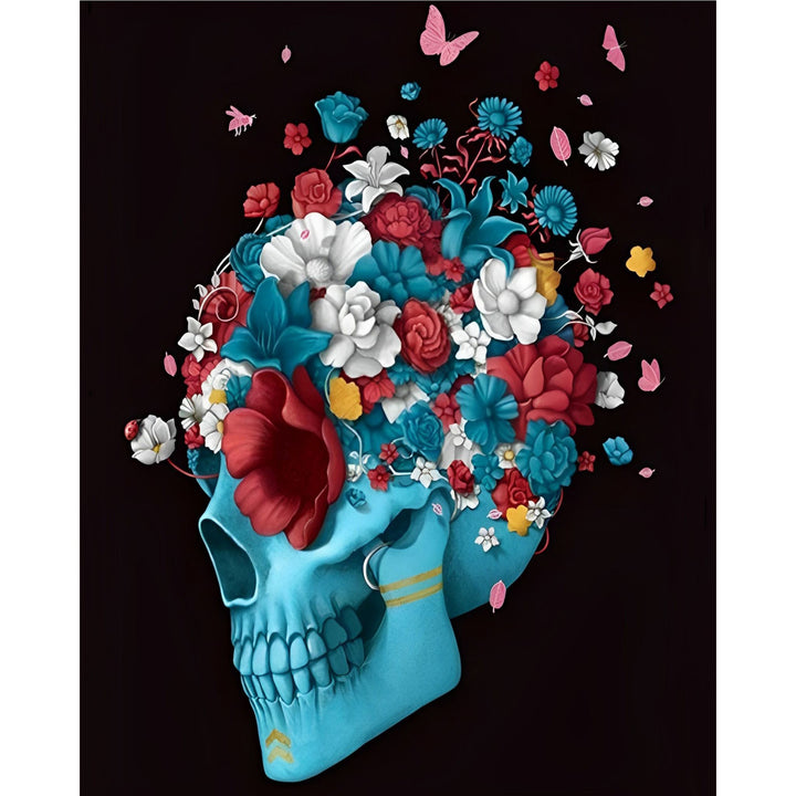 Blue Skull With Flowers | Diamond Painting