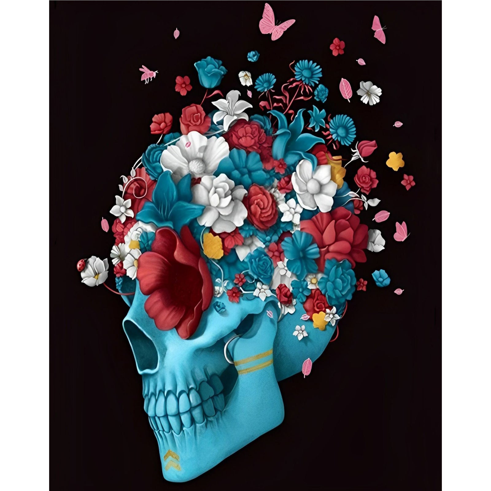 Blue Skull With Flowers | Diamond Painting Design - Full Drill Diamond Art with 5d Square or Round Diamonds - AB Drills Available