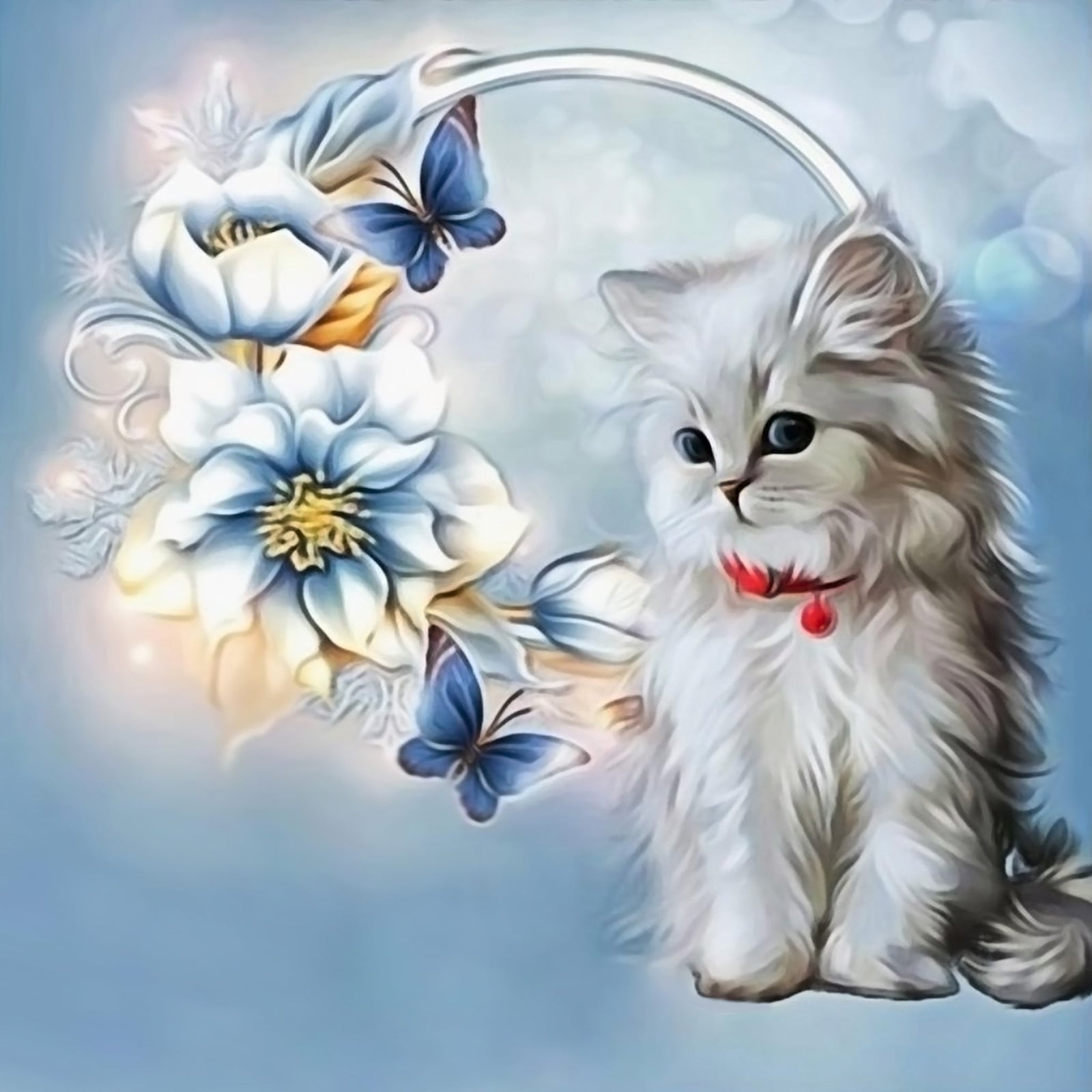 Cute Cat Flower Butterfly | Diamond Painting Design - Full Drill Diamond Art with 5d Square or Round Diamonds - AB Drills Available