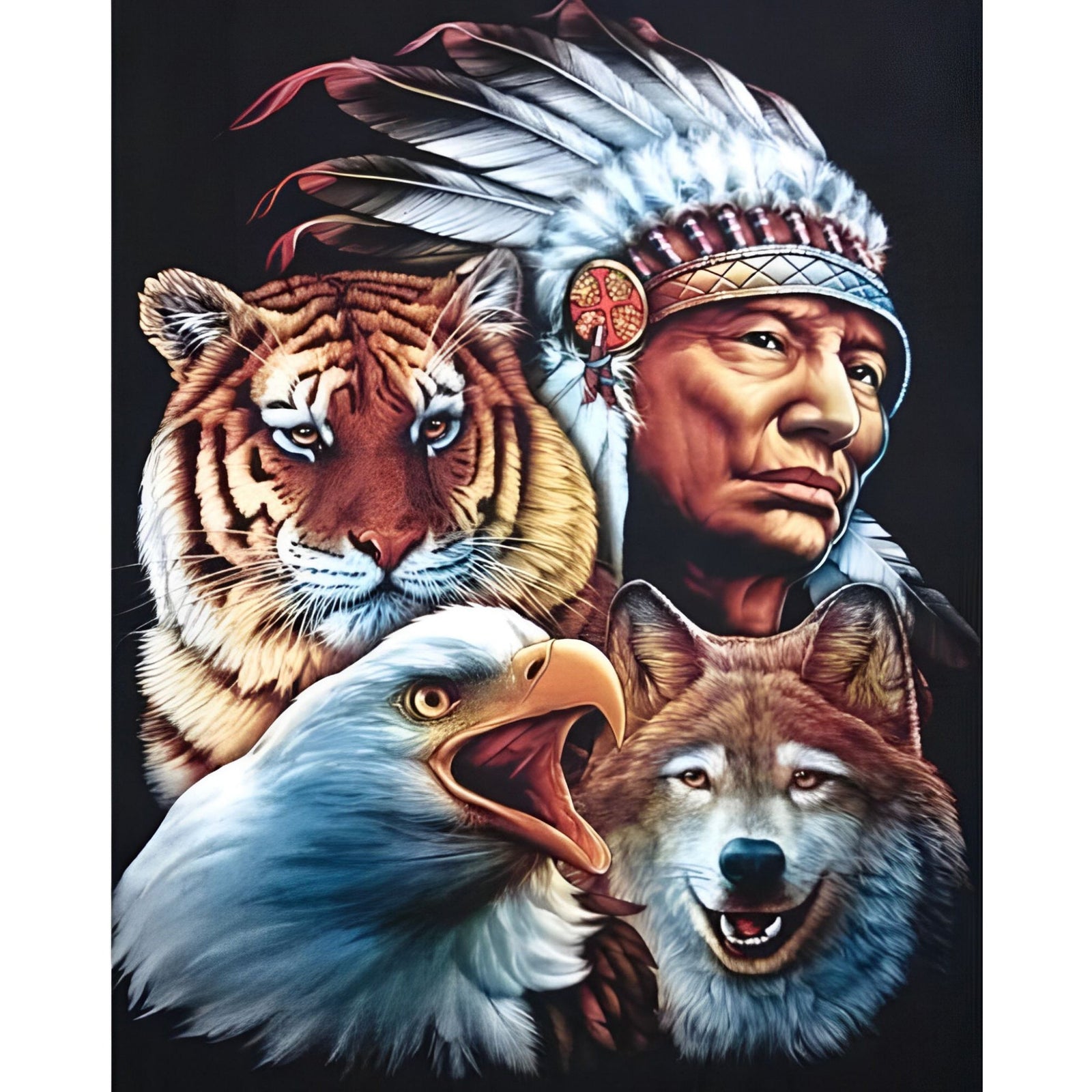 Indian Tiger Eagle Wolf | Diamond Painting Design - Full Drill Diamond Art with 5d Square or Round Diamonds - AB Drills Available