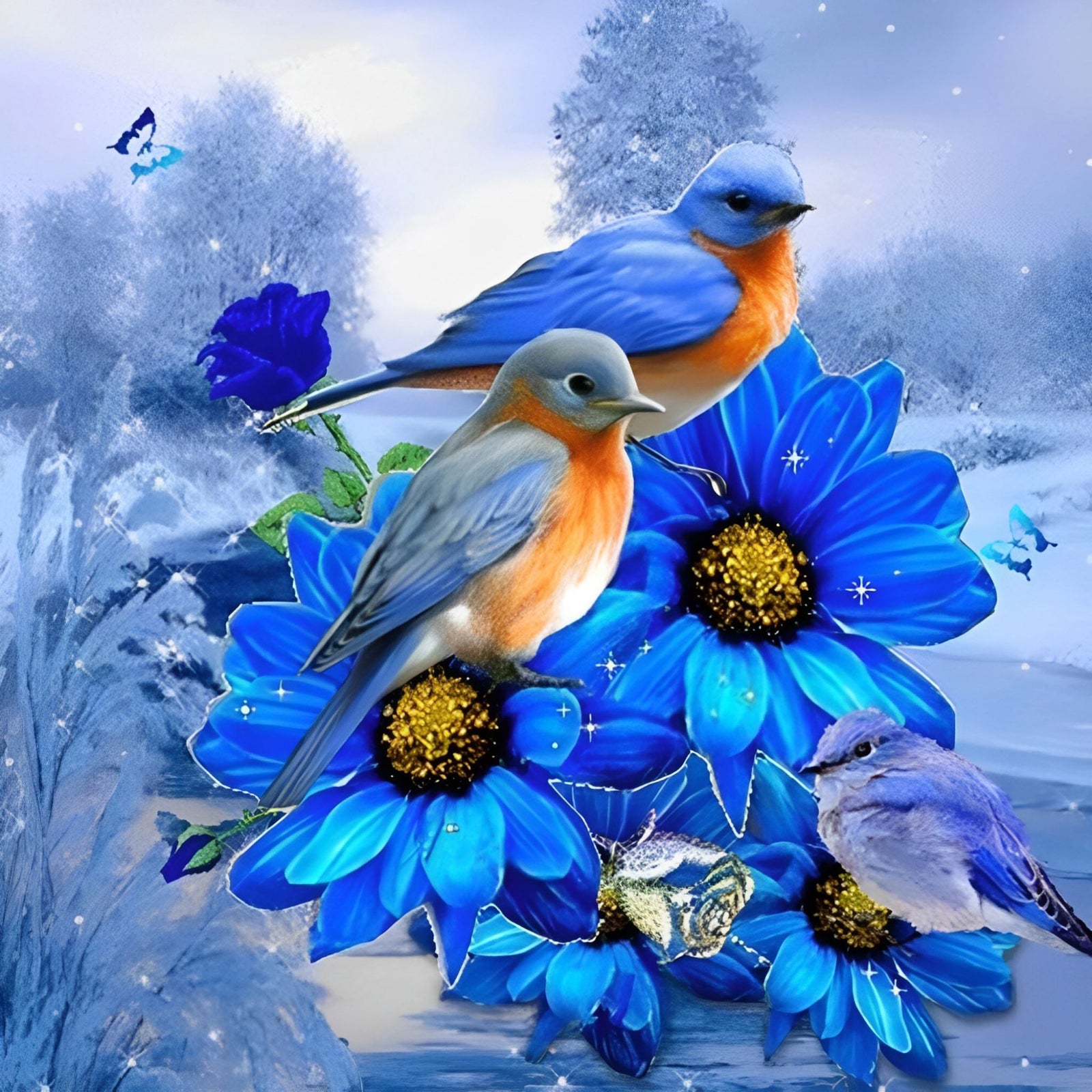 Winter Birds On The Blue Flowers | Diamond Painting Design - Full Drill Diamond Art with 5d Square or Round Diamonds - AB Drills Available