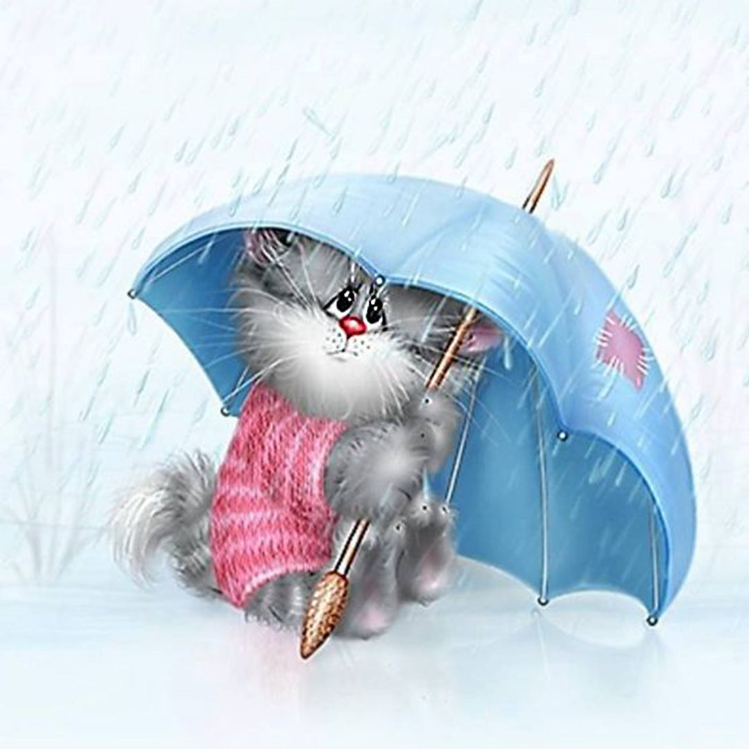 Cartoon Cat Under The Umbrella | Diamond Painting