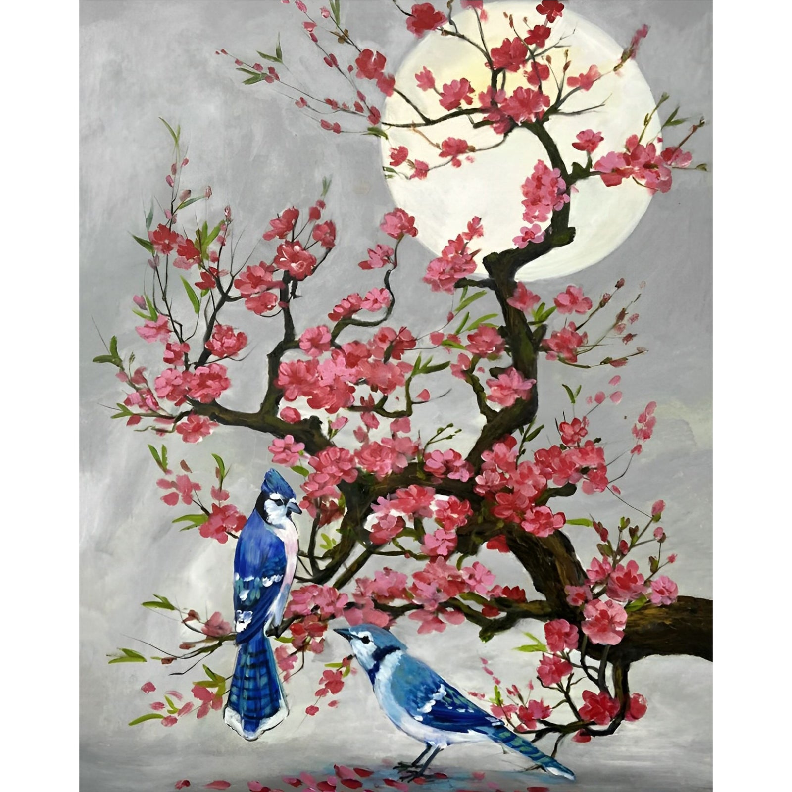 Blue Jay Bird on Cherry Flower Tree | Diamond Painting Design - Full Drill Diamond Art with 5d Square or Round Diamonds - AB Drills Available